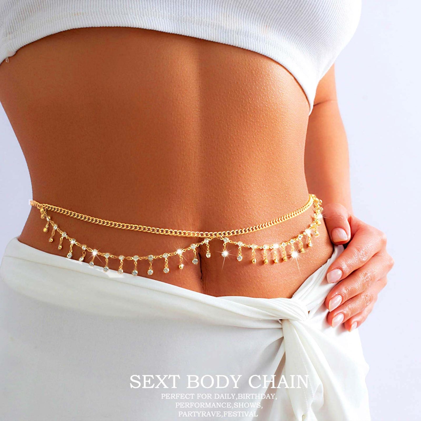 Florry Rhinestone Belly Chain Crystal Waist Chain Bikini Body Jewelry Chains Beach Belly Chain for the Waist Tassel Layered 18K Gold Body Chains for Women (Crystal)
