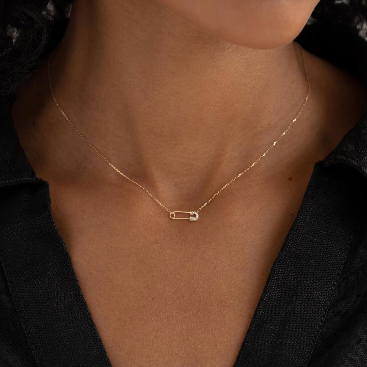 BSGRL Gold Necklace: 14K Gold Plated Dainty Safety Pin Necklace for Women Paved Cubic Zirconia 16.5”+2” in