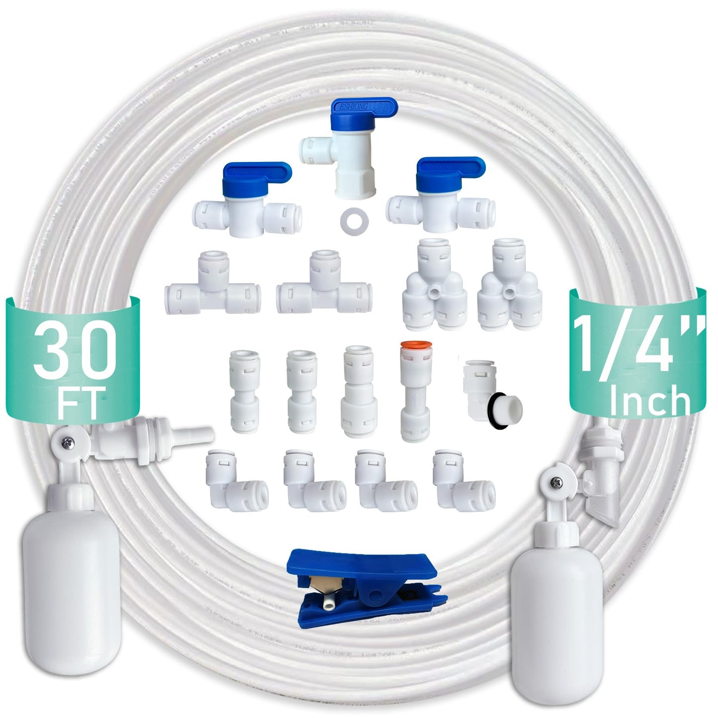 ESHIONG NSF Certified 1/4" O.D. Push to Connect Fittings for RO (Reverse Osmosis) Water Filter（with water float ball valve）19 pcs+30 feet 1/4" Water tubing.