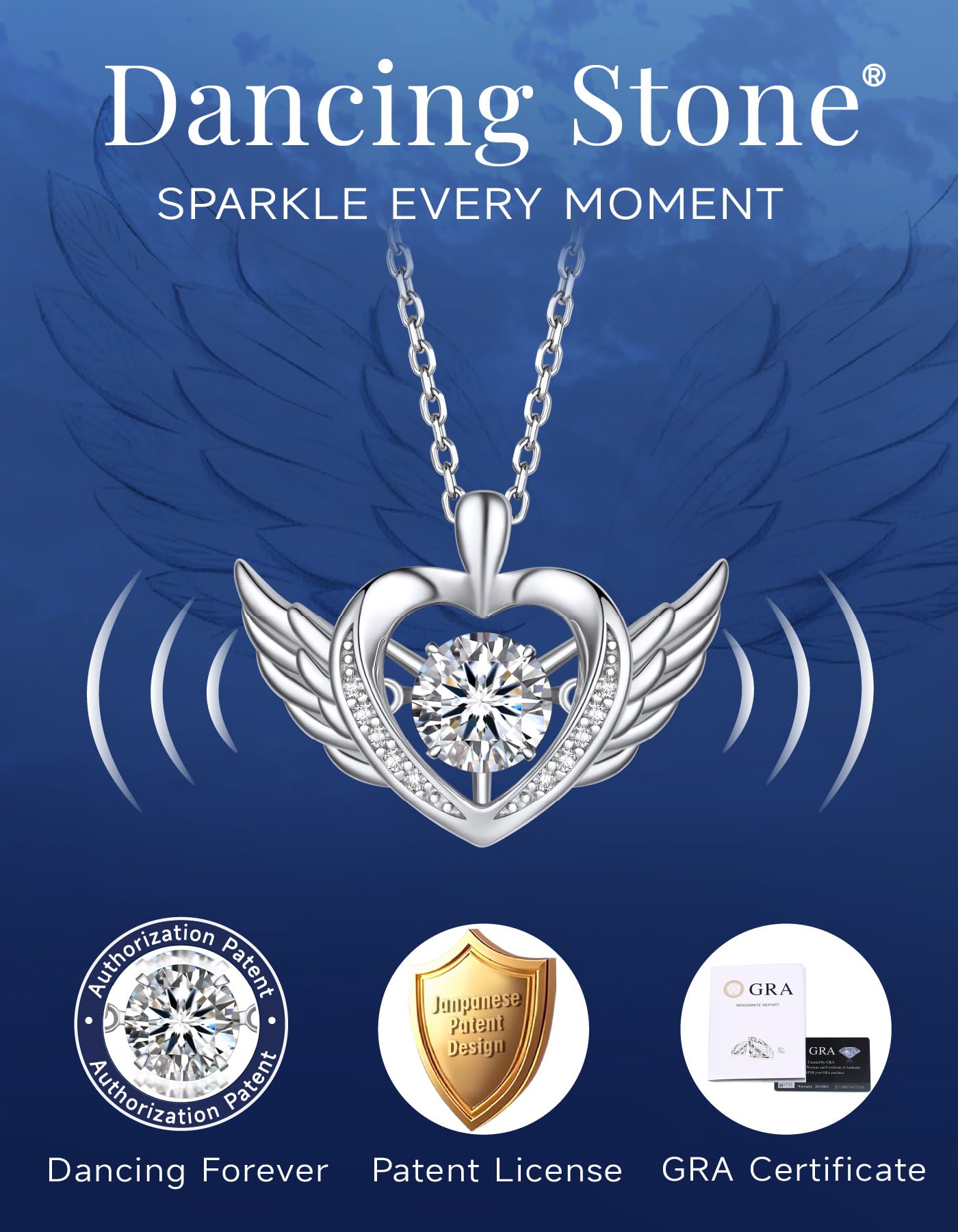 MomentWish Angel Wings Sterling Silver Necklace for Women 1 Carat D Color VVS1 Moissanite Dancing Diamonds Necklace Fashion Jewelry for Party Formal Outfits
