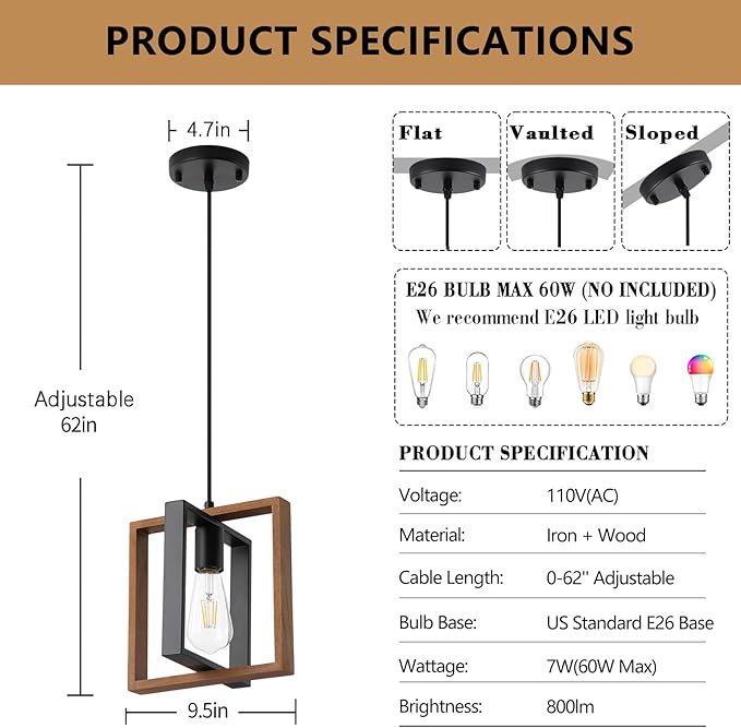 9MMML Wood Pendant Light Kitchen Island Set of 3, Farmhouse Hanging Lamp with 62'' Height Adjustable Cord, Small Ceiling Pendant Light Fixture for Dining Room, Entryway, Foyer