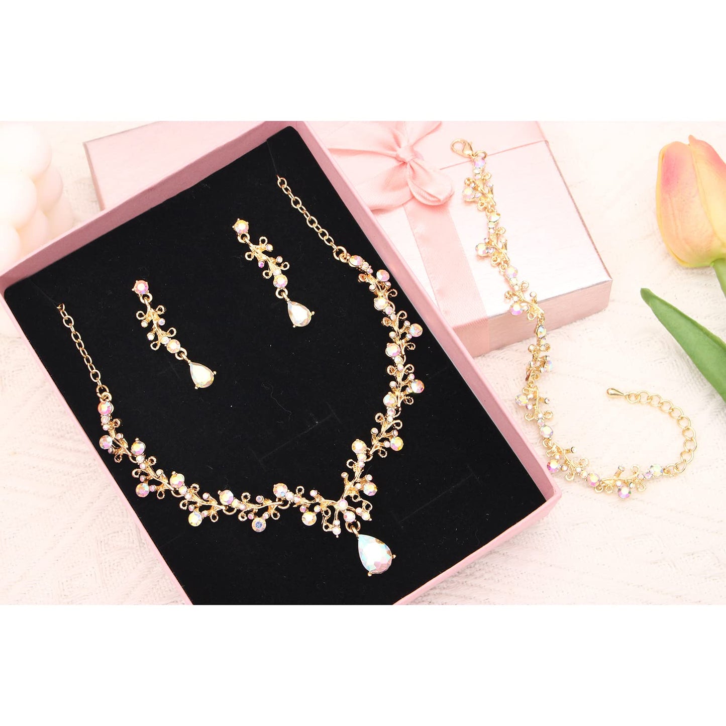 3Pcs Austrian Crystal Jewelry Set for Women, Necklace Dangle Earrings Link Bracelet Jewelry Set with Gold/Platinum/Gun Plated, Wedding Party Jewelry for Bridal Bridesmaid (AB Crystal-Gold Plated)