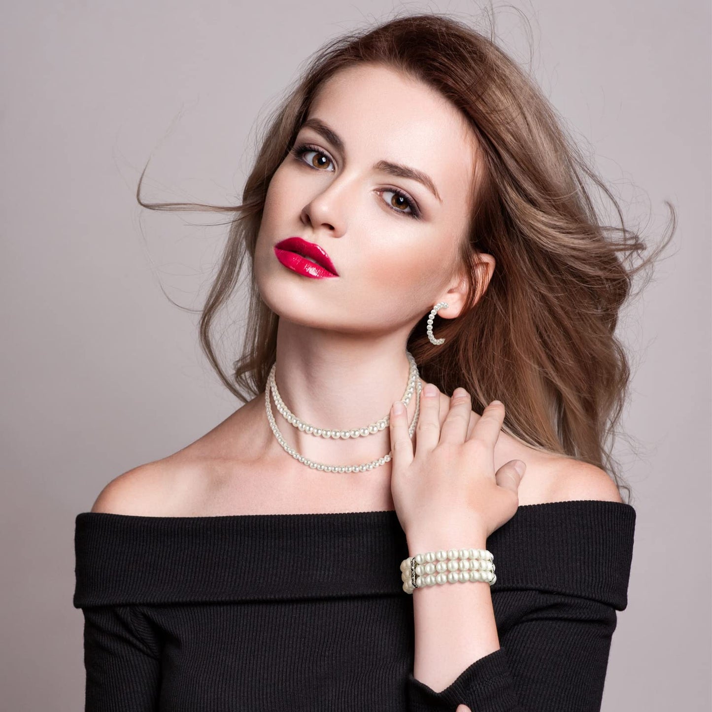 Glenmal Pearl Jewelry Set for Women Faux Pearl Necklace Bracelet Earrings Set for Wedding Birthday Party Costume Accessories Gift(Simple Style)