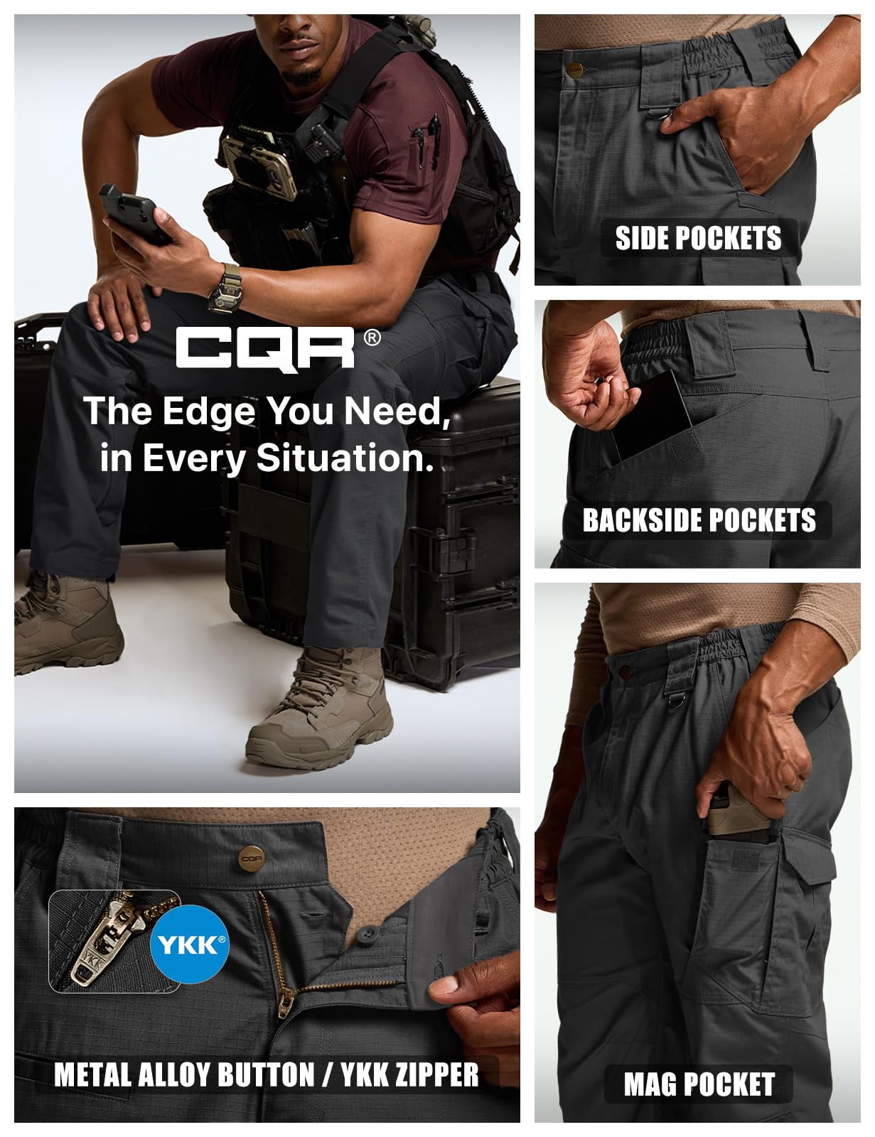 CQR Men's Tactical Pants, Water Resistant Ripstop Cargo Pants, Lightweight EDC Work Hiking Pants, Outdoor Apparel, Raider Mag Pocket Black, 32W x 30L