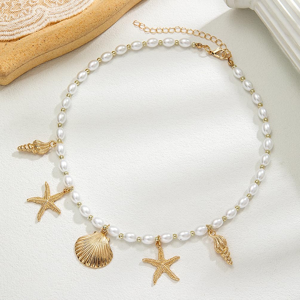 Dainty Gold Starfish Conch Oval Pearl SeaShell Necklace for Women Trendy, Statement Boho Shell Pearls Beaded Chain Necklaces Holiday Beach Party Jewelry (Gold)