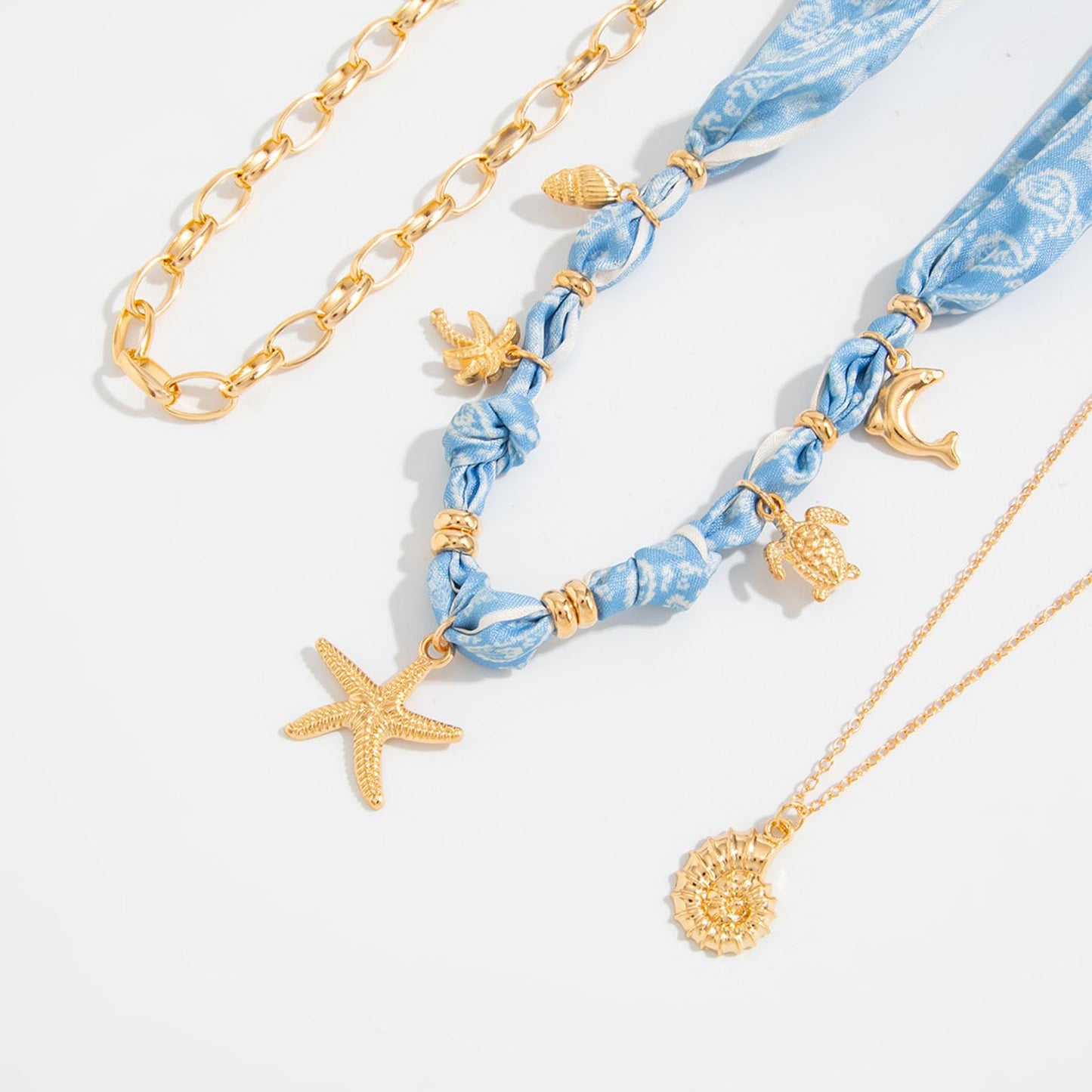 Scarf Bandana Necklace with Charm Gold Starfish Shell Seashell Necklace Boho Layered Conch Sea Shell Turtle Charm Necklaces Summer Beach Vacation Outfits Jewelry Essentials Accessories for Women