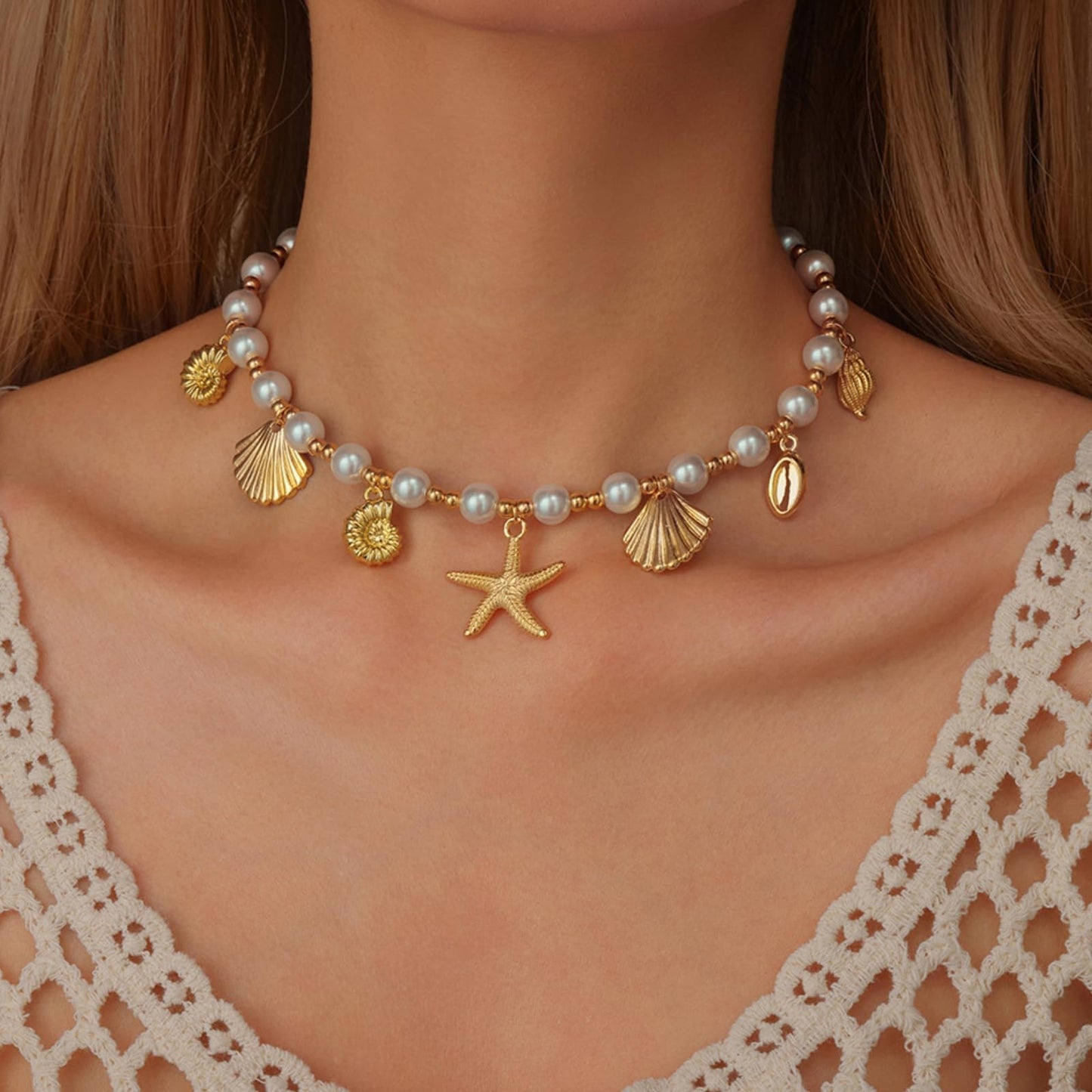 Frodete Starfish Necklace for Women Beach Necklaces Jewelry Layered Choker Drop Dangle Summer Vacation Outfits Theme Conch Seashell Accessories Ocean Pendant Dress Costume