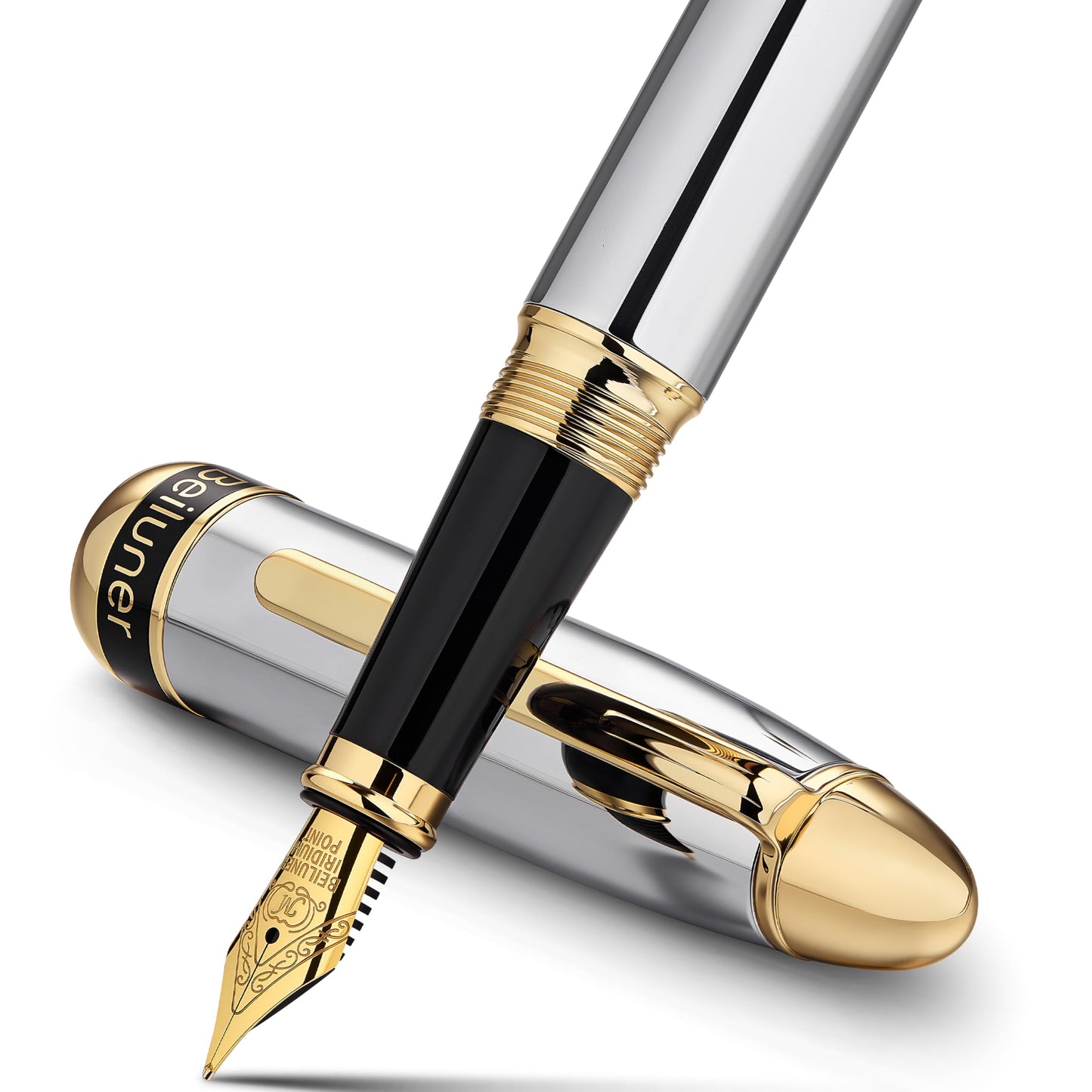 BEILUNER 315 Silver Chrome Fountain Pen,Stunning Luxury Pens with 24K Gold Accents, Gorgeous 24K Gilded Nib(Medium), Ink Converter,Fancy Pen Gift for Men&Women-Elegant, Office, Reliable, Nice Design