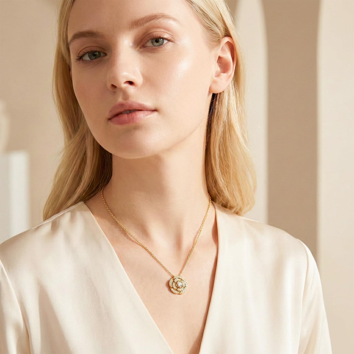 Tessalyn 18K Gold Plated Zircon Necklace for Women Gold-Tone Copper Base Pave CZ Diamond-Cut Pendant Gift Box Included