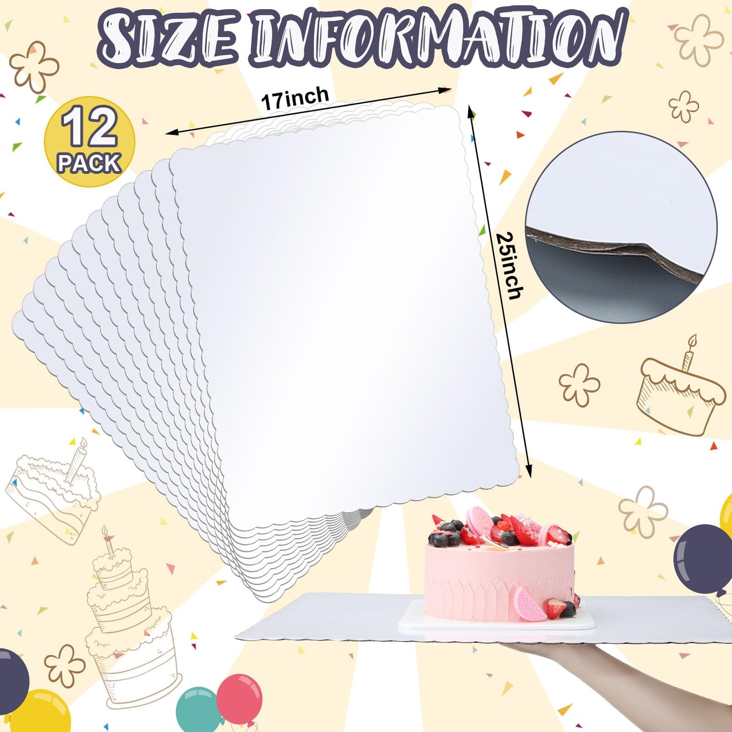 Skyygemm 12 Pack 17 x 25 Inch Greaseproof Rectangle Cake Boards Corrugated Single Wall Pad Half Sheet Cake Board Rectangular Scalloped Dessert Base for Pizza (White)