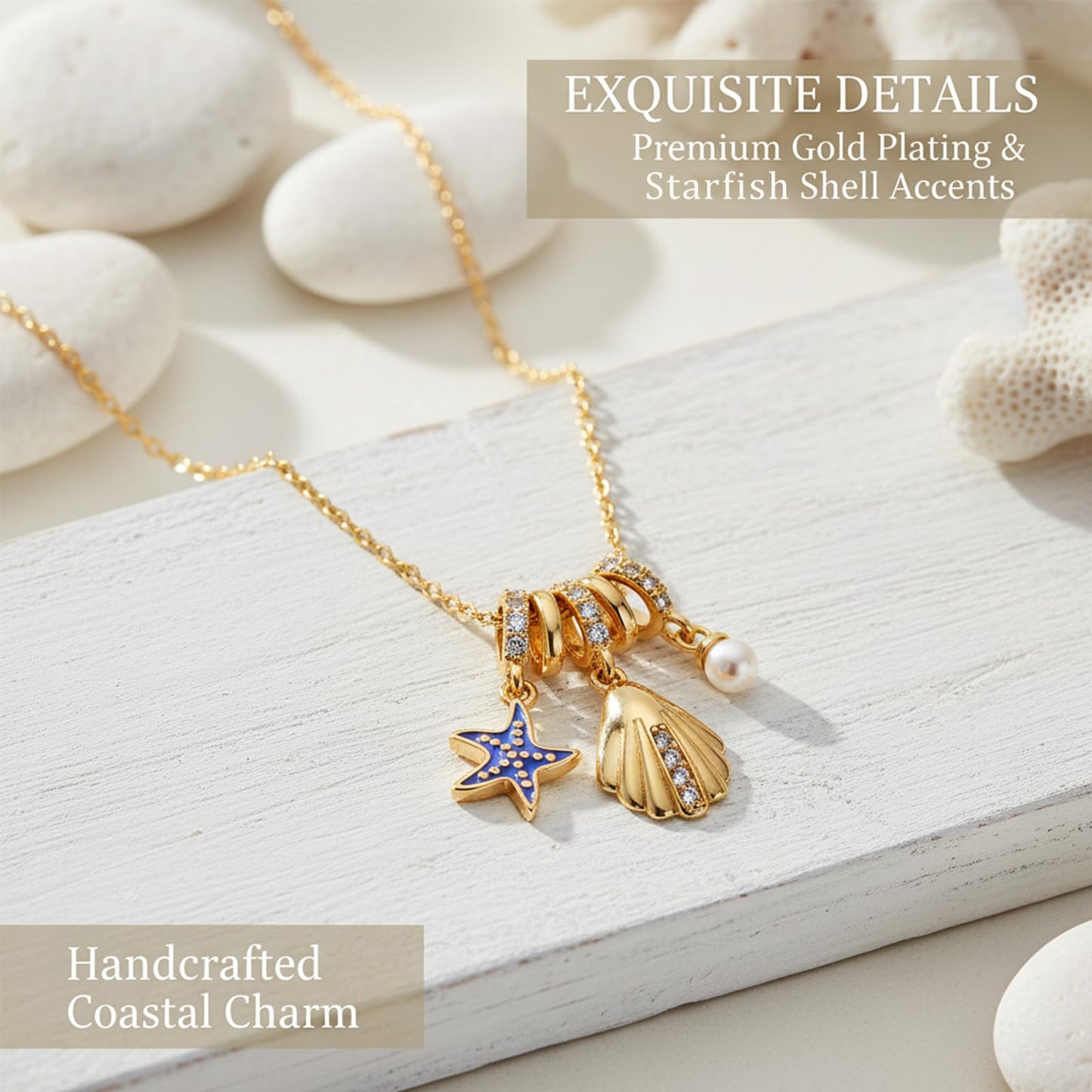 Blue Enamel Starfish And CZ Seashell Necklace For Women-Gold Plated Pearl Multi-Pendant Beachy Jewelry For Valentines Day Mother's Day Christmas Birthday Gifts