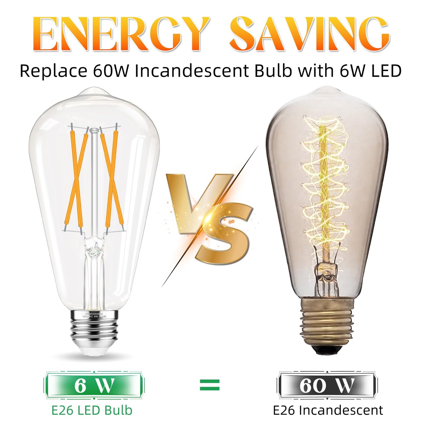 GvvooHome LED Edison Bulbs, E26 Bulb 60 watt Equivalent, Non-Dimmable, Soft White 2700K, ST58 Vintage Light Bulbs, 90+ CRI, 6W 600LM, E26 Medium Base, Clear Glass, 6 Pack
