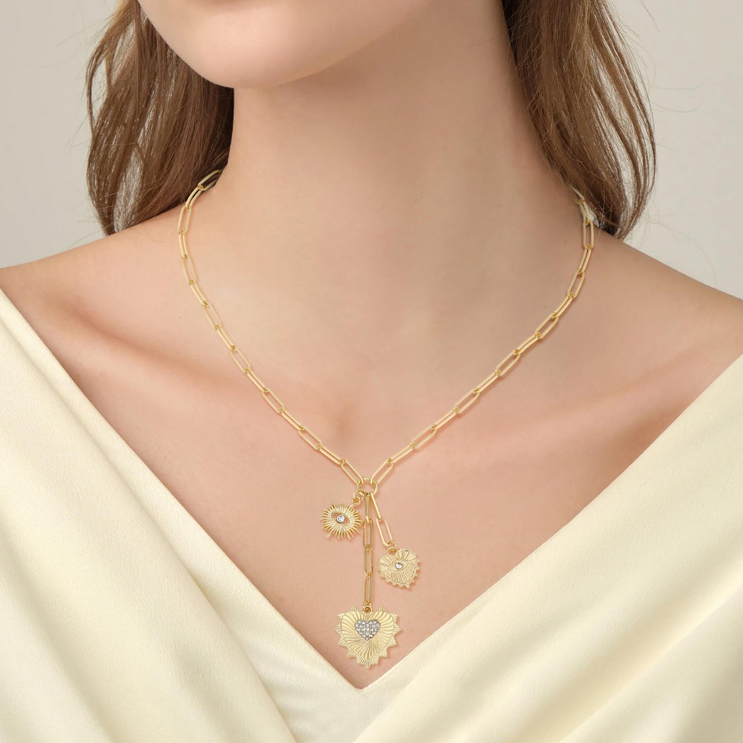 BONJOULRY Chunky Gold Sun Heart Necklace for Women Evil Eye Heart Charm Pendant Necklace Zirconia Charm Necklace Fashion Gold Jewelry Pendant Necklace for Women