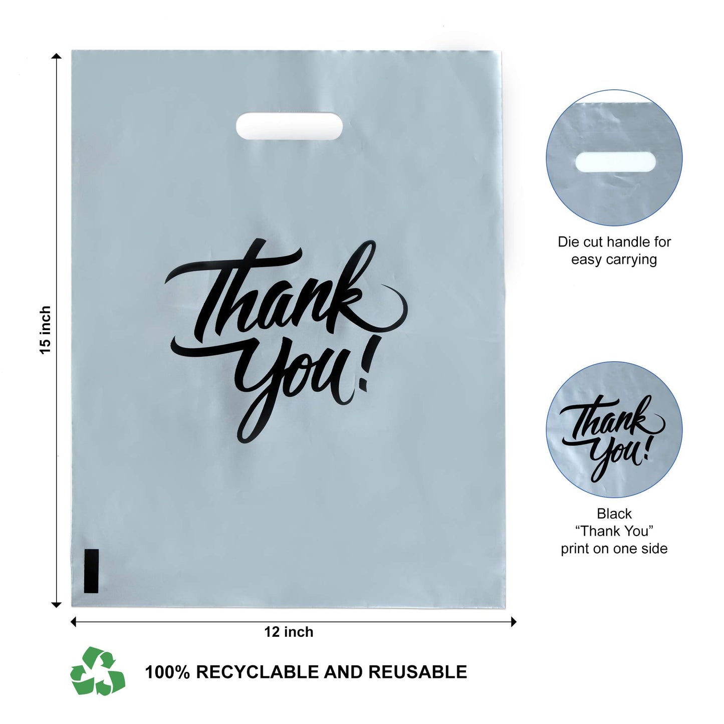 Infinite Pack Silver 16"x18"(500pcs) Thank You plastic Merchandise Bags Die-Cut Handles, Perfect for Retail Shopping, Boutiques, Goodie bags, and Gift Packaging & Favors, 1.75MIL Reusable Plastic Bag