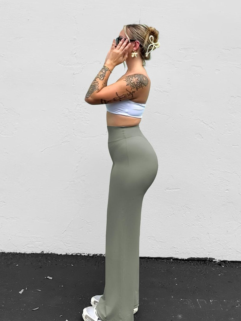 YEOREO Workout Leggings Womens No Front Seam Straight Leggings 33" High Waist Buttery Eddiy Gym Yoga Pants Gray Green L