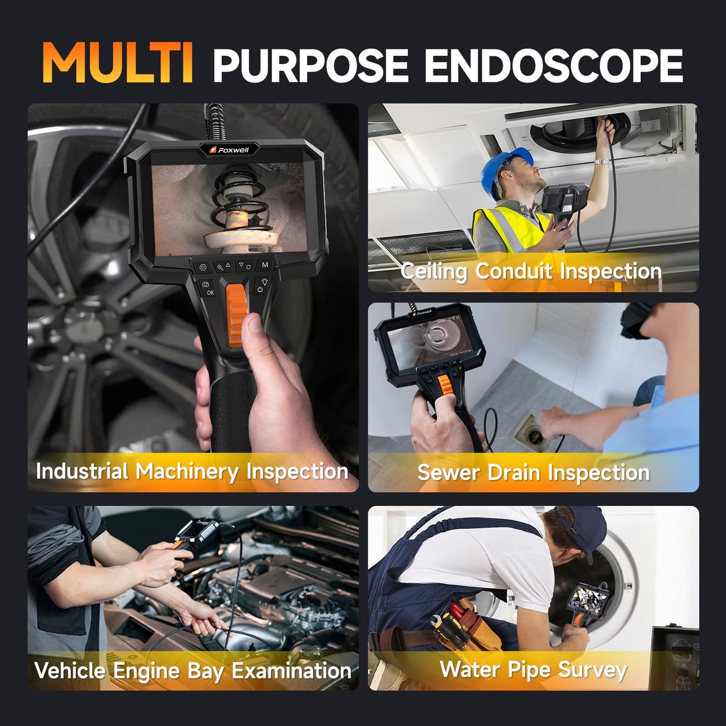 FOXWELL Dual Lens Articulating Borescope, 0.25in Slim 220° Two-Way Endoscope Camera with LED Light, IPS HD Screen, IP67 Waterproof Snake Camera for Automotive, Pipe, Wall & Engine Inspection – 5.3FT