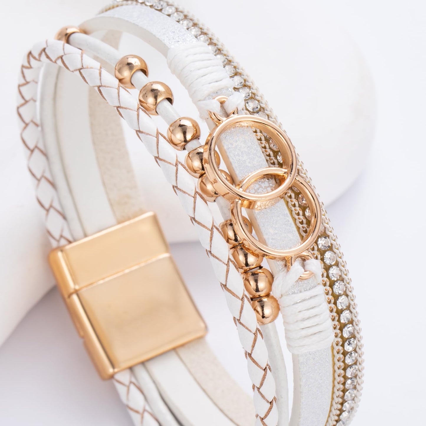 FANCY SHINY Boho Leather Wrap Bracelet Stackable Beaded Infinity Chunky Cuff Bracelets with Magnetic Clasp Western Hippie Outfits Jewelry Gifts for Women(White)