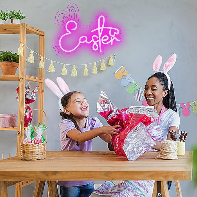 Happy Easter Neon Sign Bunny Neon Light Sign Dimmable LED Signs for Wall Light Up Sign Decoration Easter Rabbit Bunny Neon Wall Sign Decor Gift