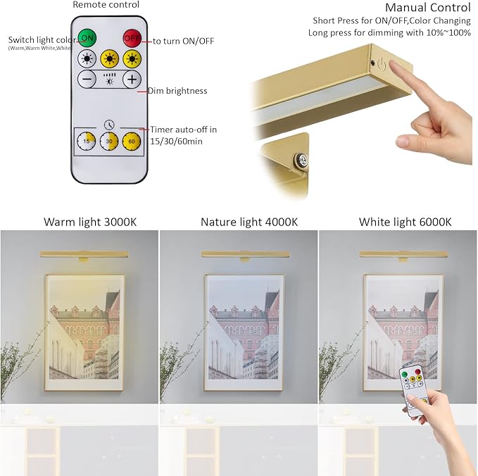 MIOBLUE 2Pack Picture Lights,16in Battery Operated Picture Lights for Paintings,Metal Rechargeable Art Display Light with Remote Control,Dimmable/Timer Off Dartboard Light for Paintings,Picture,Frame