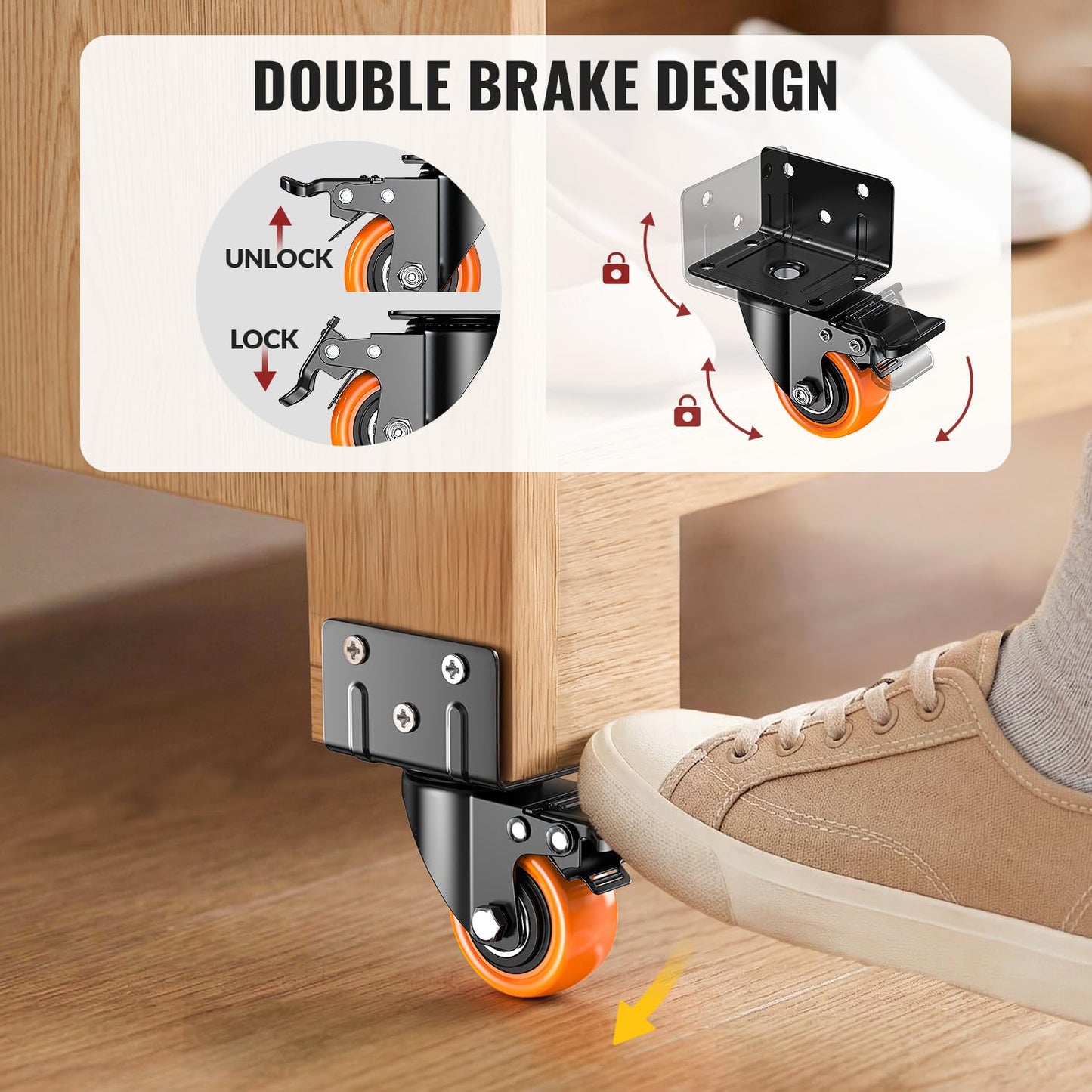 HOLKIE 2 Inch Side Mount Caster Wheels Set of 4,Heavy Duty L-Shaped Bracket Casters with Screws,550 LBS Capacity Dual Locking Swivel Wheels for Coffee Table,Plywood,Workbench,Furniture,Cabinet