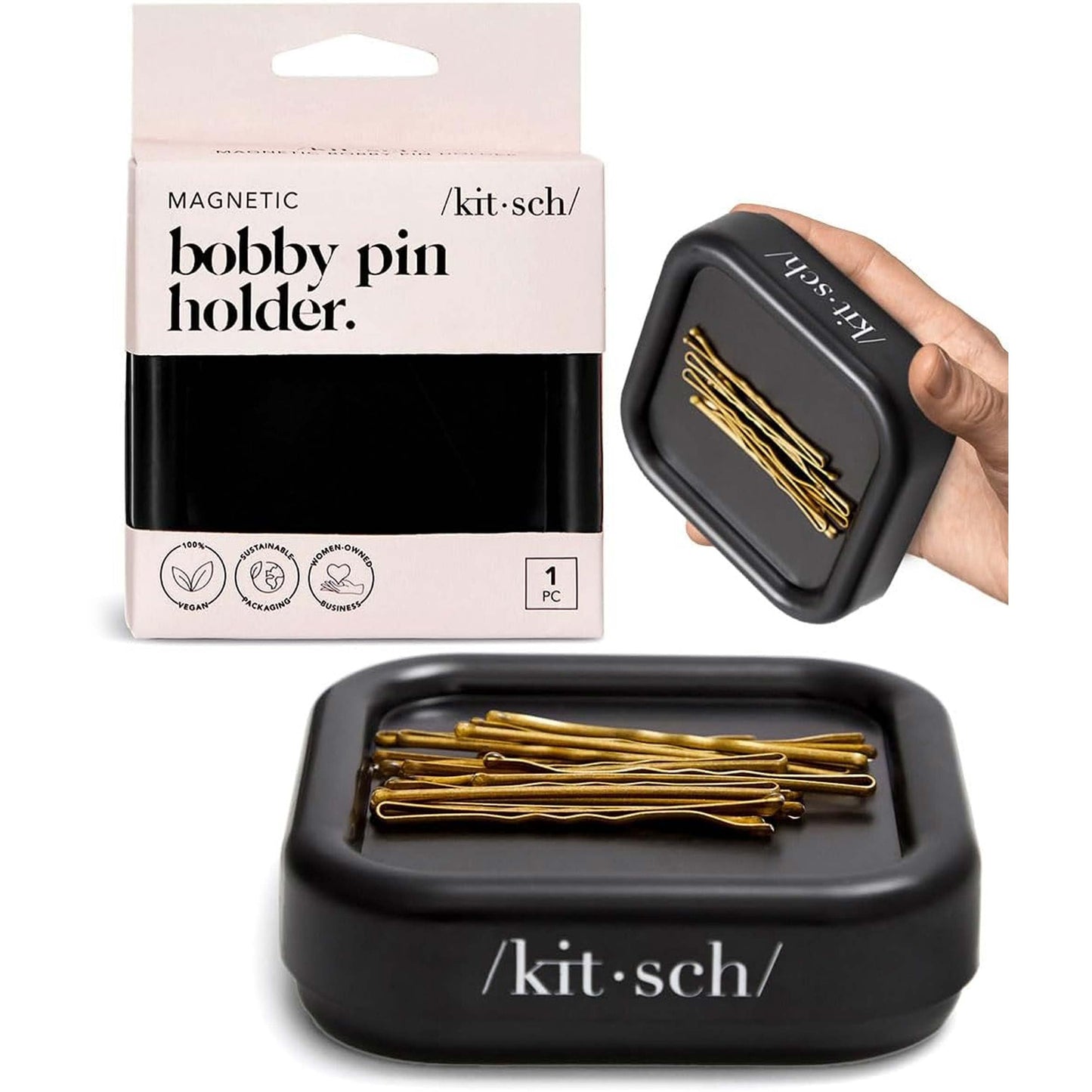 Kitsch Magnetic Bobby Pin Holder - Cute Stuff, Strong Magnetic Pin Holder for Desk & Vanity, Securely Holds Metal Hair Clips, Bobby Pins & Paper Clip | Ideal Gifts for Women - Black, 1 Pc