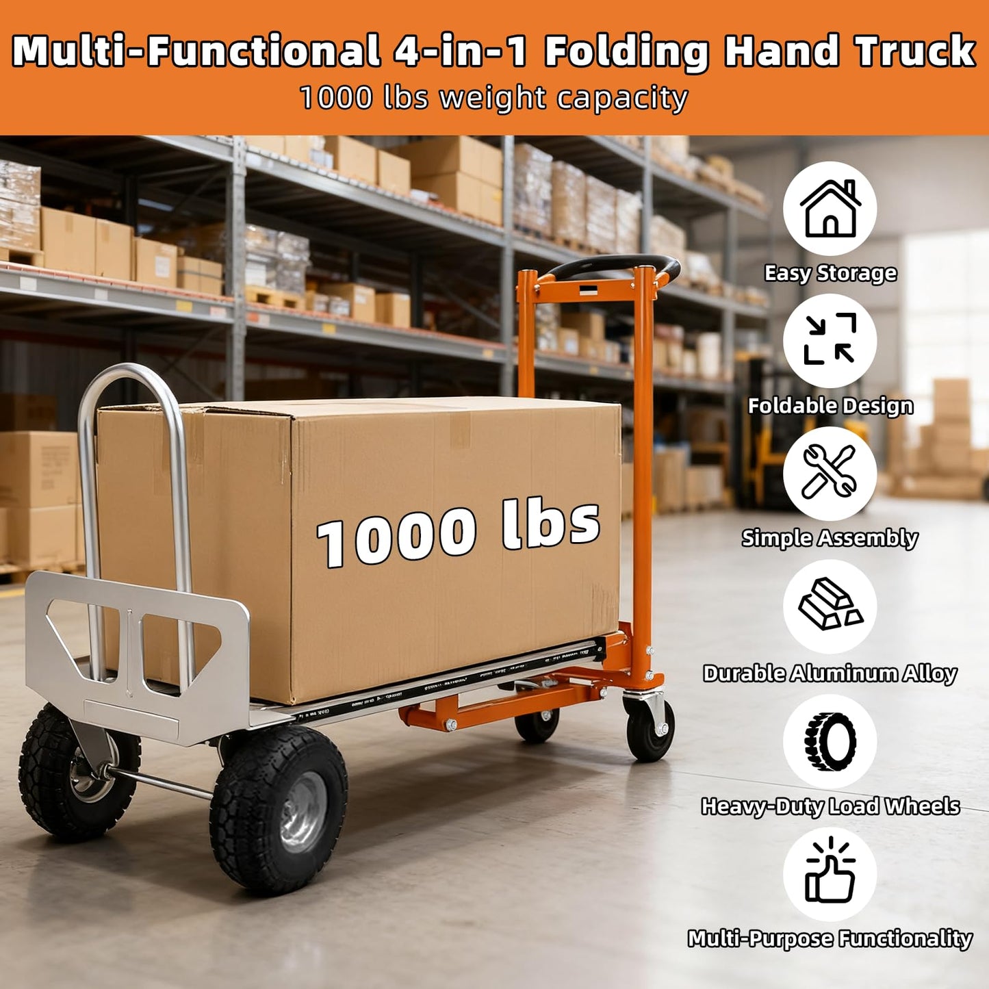 Aluminum 4 in 1 Convertible Hand Truck Dolly, 1000Lbs Capacity, Heavy Duty Folding Hand Truck Dolly Cart with Wheels 10" All-Terrain Tires, Hand Trucks for Logistics, Moving Home, Shopping, Office