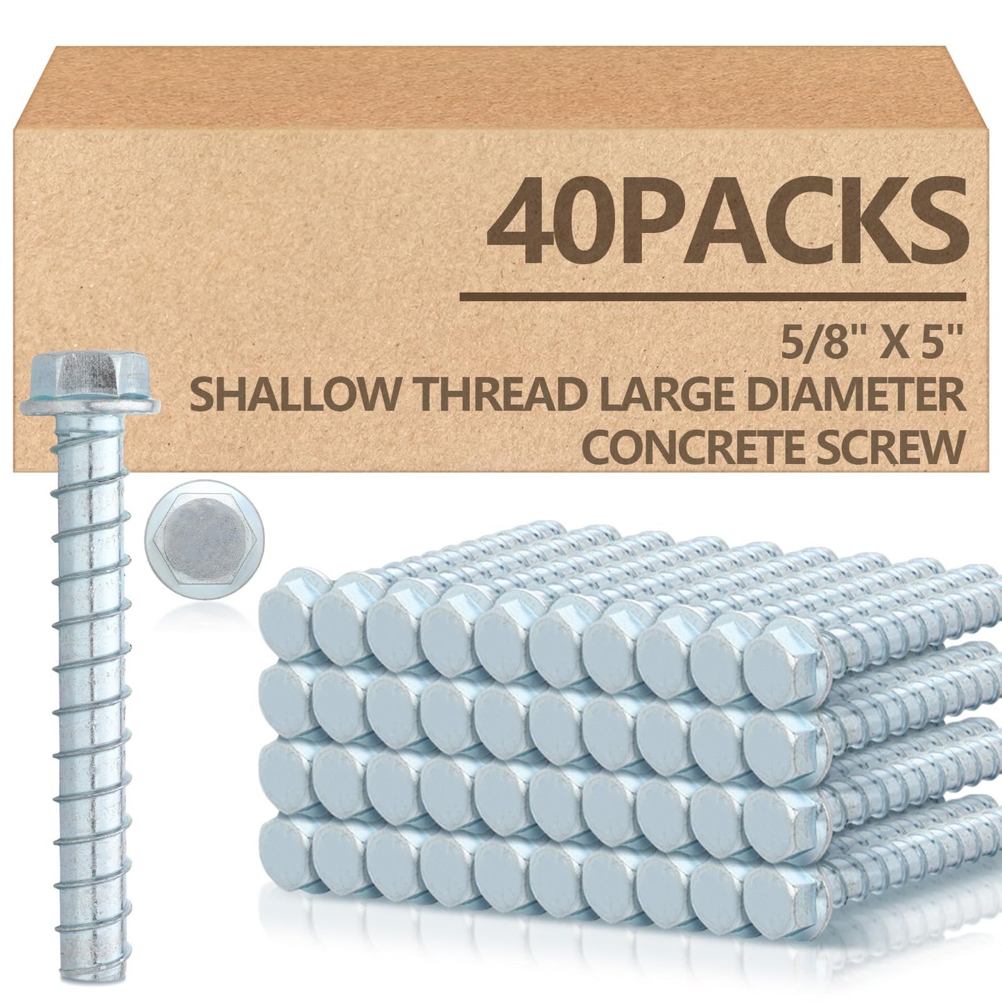Tandefio 40 Pack 5/8" x 5" Concrete Screw Anchors Galvanized Large Diameter Heavy Duty Plated Concrete Anchors for Masonry Brick Anchoring Block Decking Framing Hex Drive