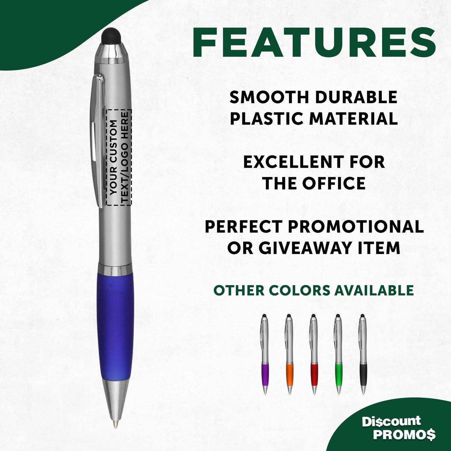 DISCOUNT PROMOS Custom Stylus Ballpoint Pens Set of 10/50/100, Personalized Bulk Pack - Black Ink, Great for Office, School, Business, Tradeshows, Events - Blue