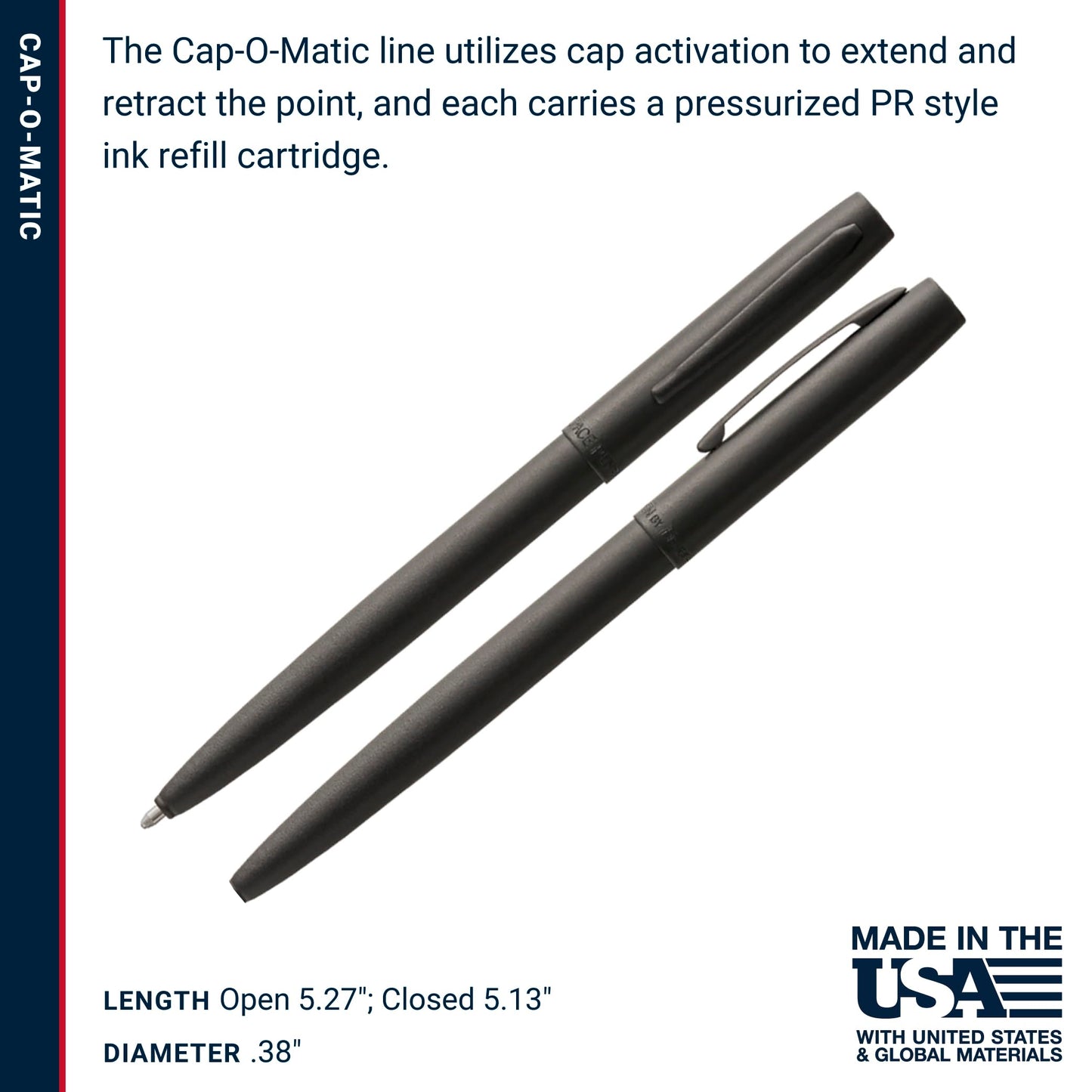 Fisher Space Pen Military Cap-O-Matic Pen, Pressurized Ballpoint Pen, Writes Upside Down and in Extreme Temperatures, Black Ink, Medium Point, Pocket Clip, Made in the USA