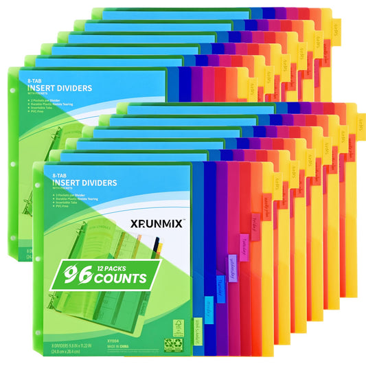 8-Tab Binder Dividers - Index Pockets Divider for 3 Ring Binders, 3-Hole Plastics Sheets Protectors for US Letter Size in 0.5'', 1'', 2'', 3 inch Binders, 8 Colors (XY004) (12 Packs)