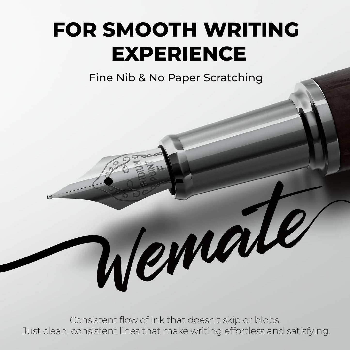WEMATE Fountain Pen Set, Fine Nib with 20PCS 2.6MM Ink Cartridges(10 Black&10 Blue),1 Ink Converter, Nice Luxury pen for Men, Women, Cool Wooden Fountain Pen for Writing, Journaling, Calligraphy