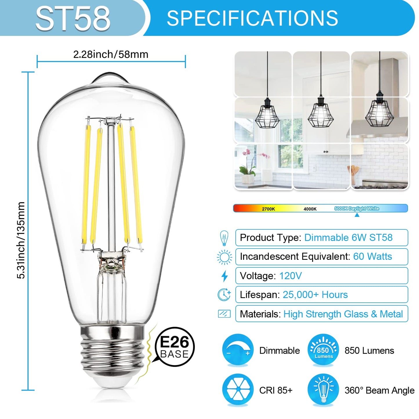 MAXvolador 20-Pack Vintage Edison LED Bulbs 6W, 60W Equivalent Dimmable ST58 Filament Bulb 5000K Daylight White, E26 Base, 850 Lumens