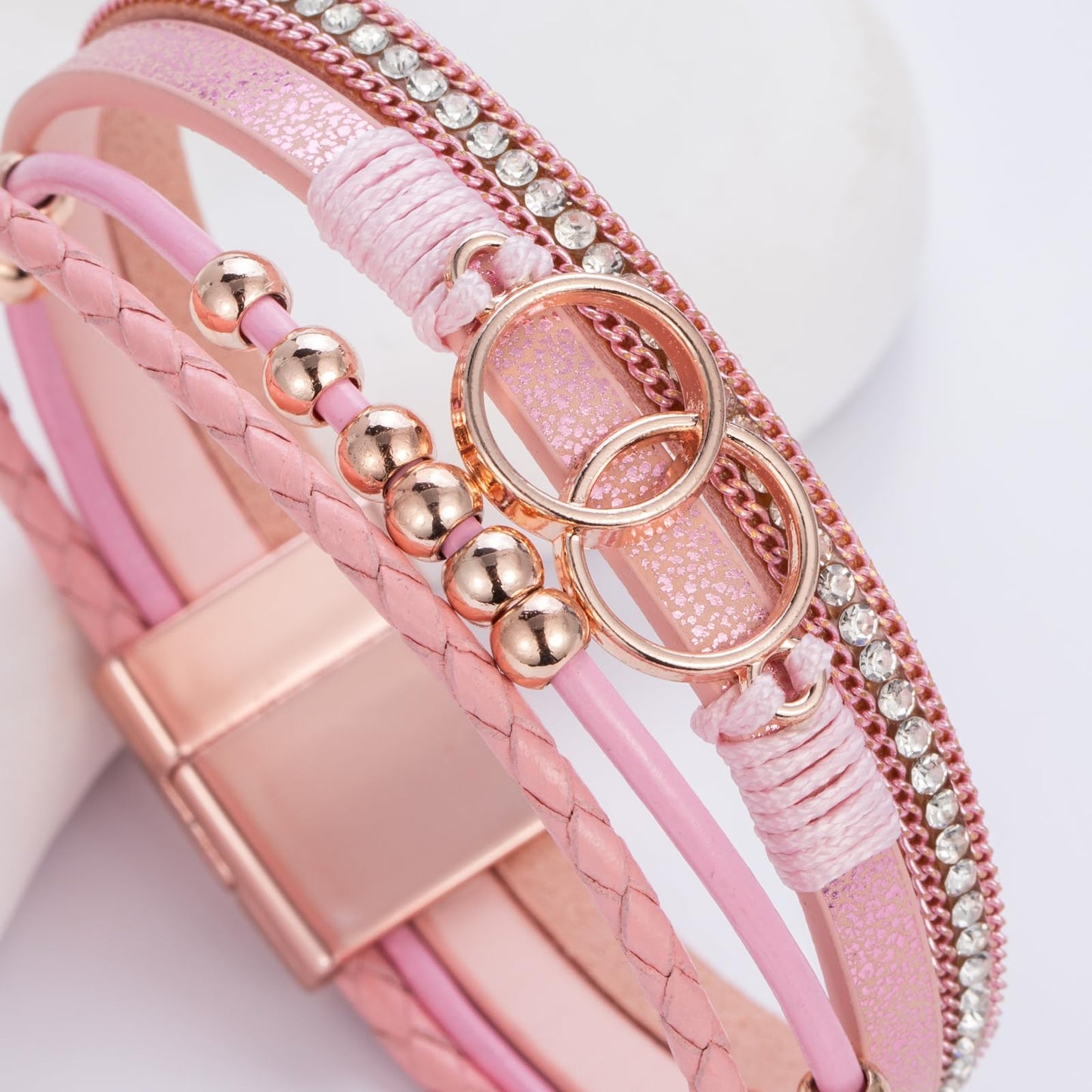 FANCY SHINY Boho Leather Wrap Bracelet Stackable Beaded Infinity Chunky Cuff Bracelets with Magnetic Clasp Western Hippie Outfits Jewelry Gifts for Women(Pink)