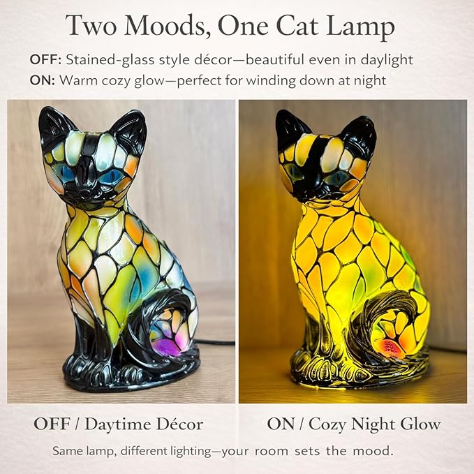 Cat Lamp, Stained Glass Cat Lamp, Decorative Resin LED Night Light for Cat Lovers, USB Vintage 3D Table Lamp Cozy Glow for Desk & Mantel – Fun Gift for Pet Owners (Siamese Cat B)
