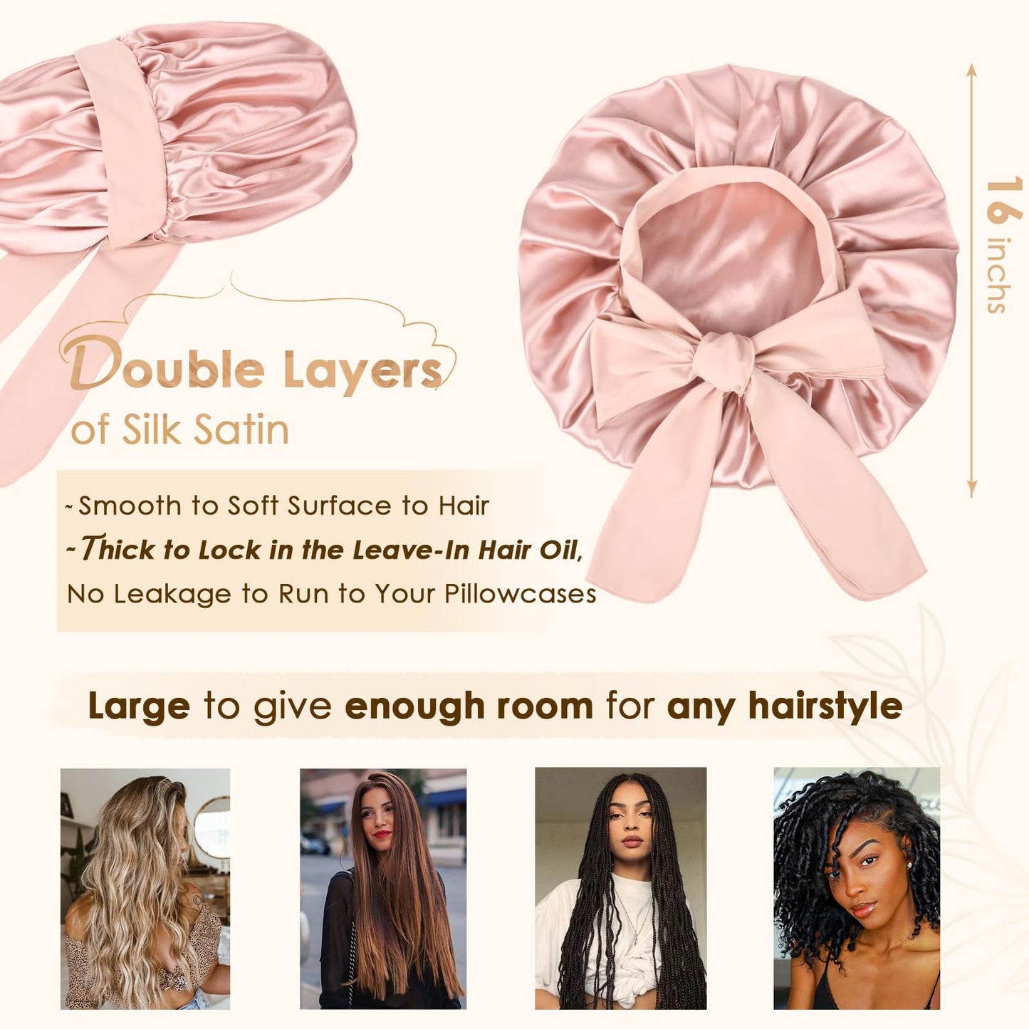 YANIBEST Adjustable Satin Bonnet for Sleeping Women Double Layer Hair Wrap Reduce Friction Prevent Frizz Natural Curly Hair, Blush Pink