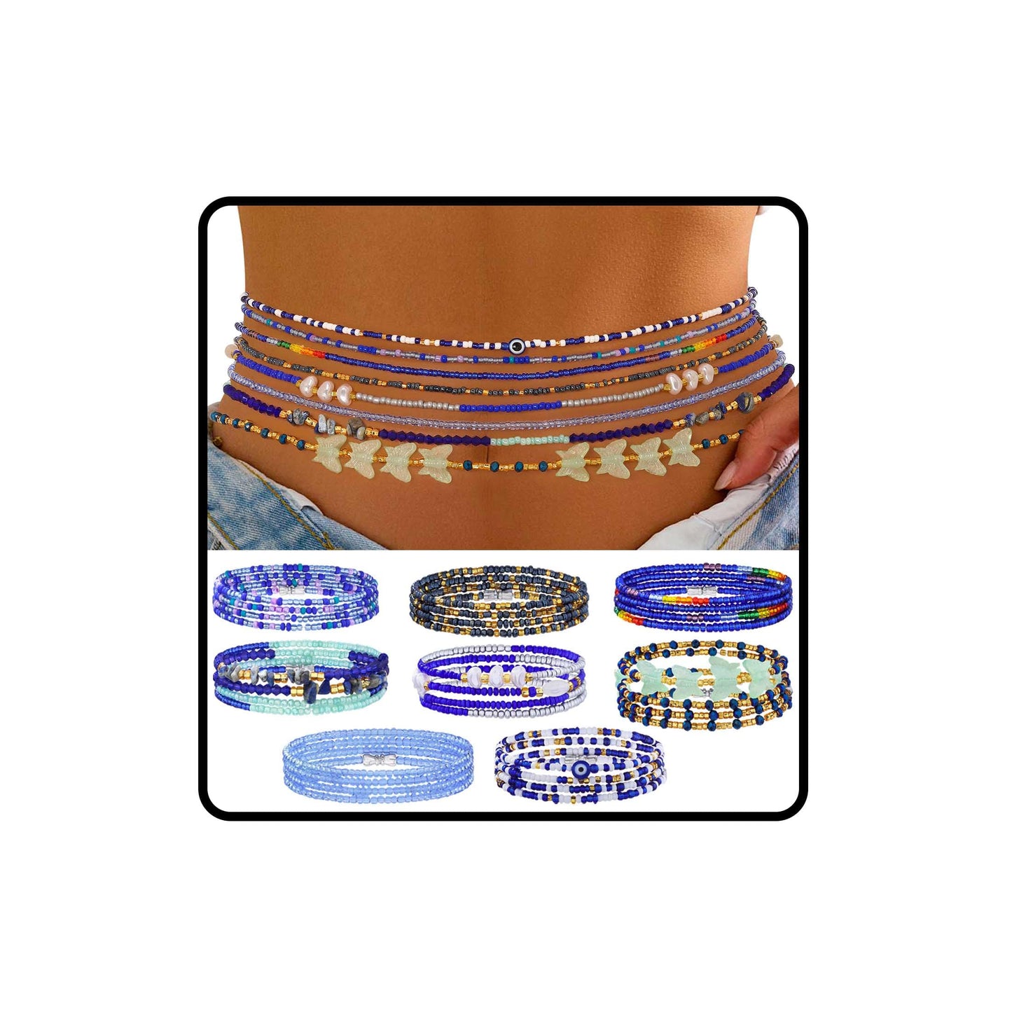ELABEST Adjustable Handmade Waist Beads Stretchy 23-52 inch 8Pcs Chakra Body Belly Beaded Women Waist, Anklet, Bracelet, Necklace Jewelry with Screw clasp (Blue, 39.3inch/100cm)