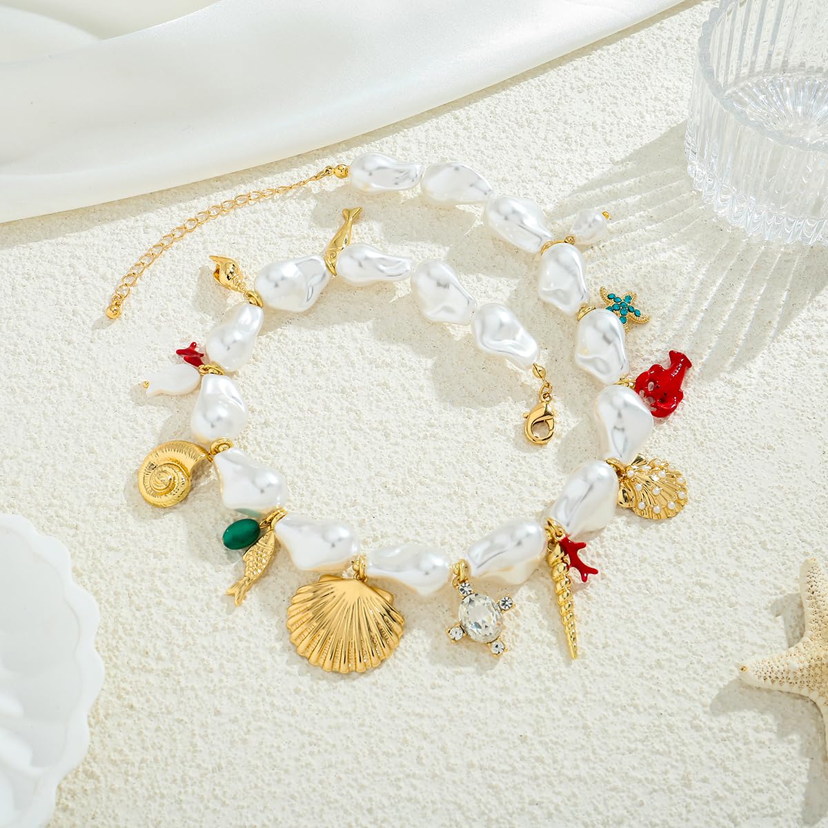 CLASSYZINT Baroque Simulated Pearl Necklace with Seashell Starfish Charms Ocean Theme Adjustable Jewelry for Women Beach Vacation Shell Necklace Birthday Gift