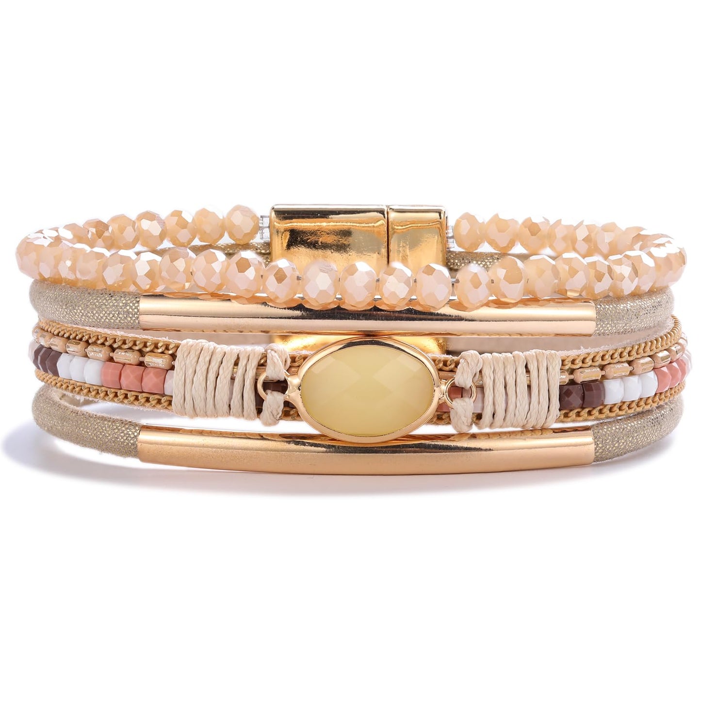 FANCY SHINY Leather Wrap Bracelets Crystal Beads Bracelet Boho Cuff Stone Charm Bracelets with Clasp Costume Jewelry for Women(Cream)