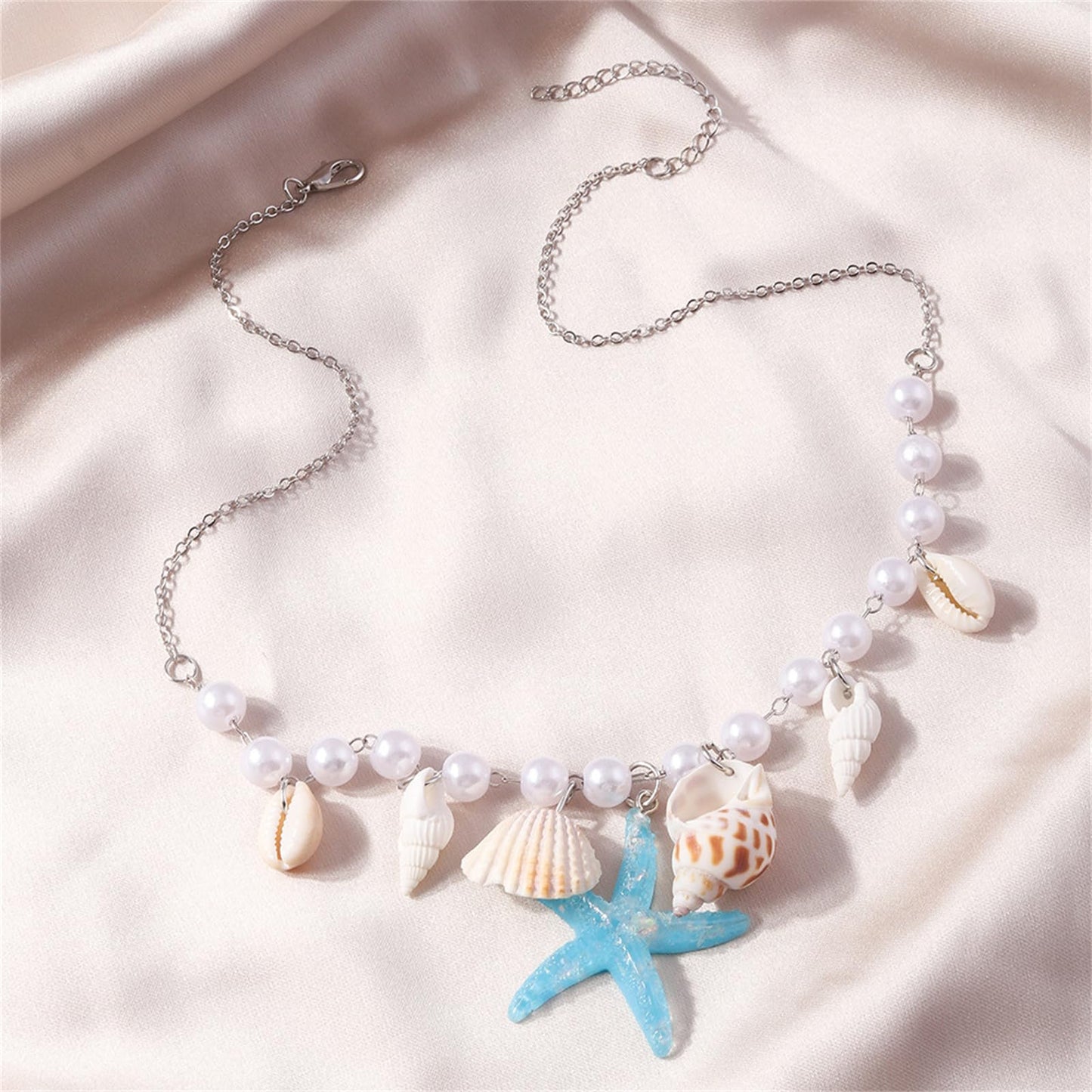 Seashell Necklace Boho Starfish Necklace Vintage Pearl Conch Choker Summer Holiday Beach Accessories Jewelry for Women (Blue)