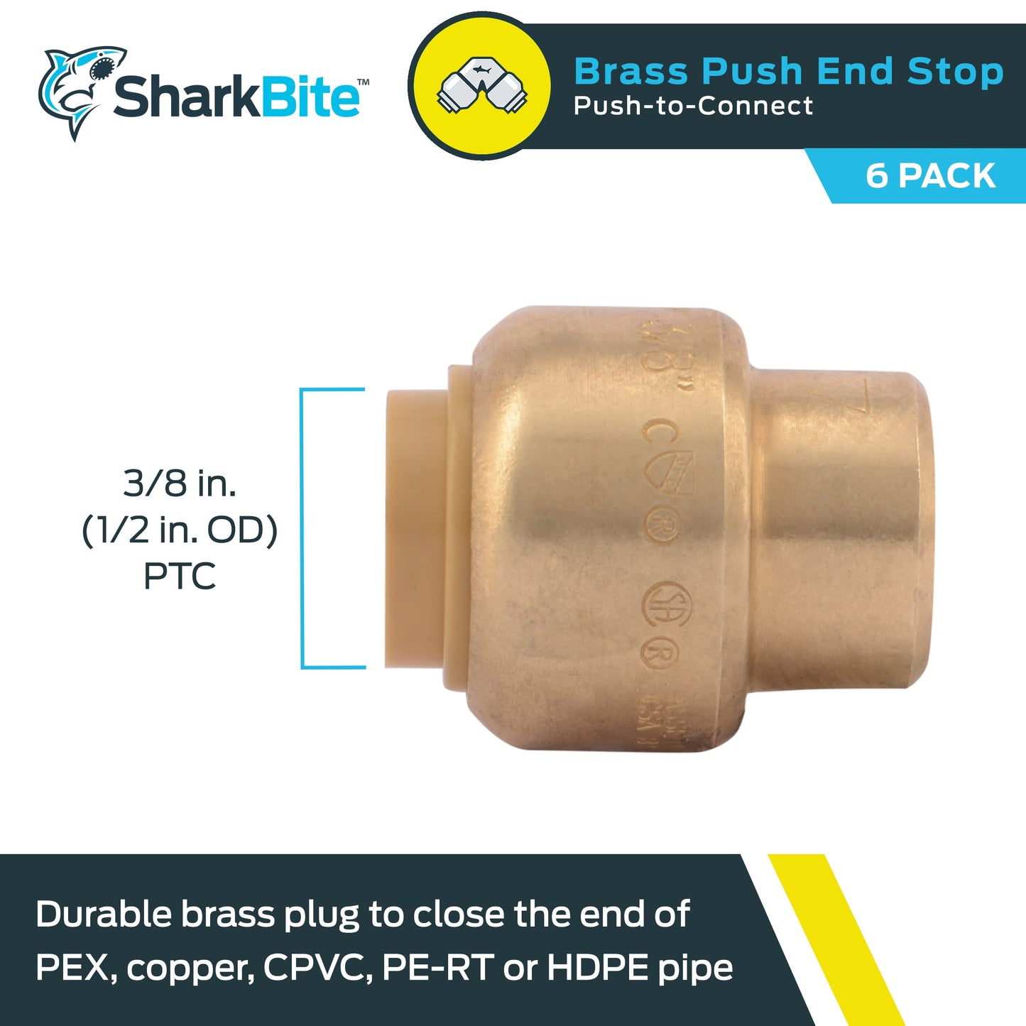 SharkBite 3/8 Inch (1/2 Inch OD) Push Cap, Pack of 6, Push to Connect Brass Plumbing Fitting, PEX Pipe, Copper, CPVC, PE-RT, HDPE, U512LF