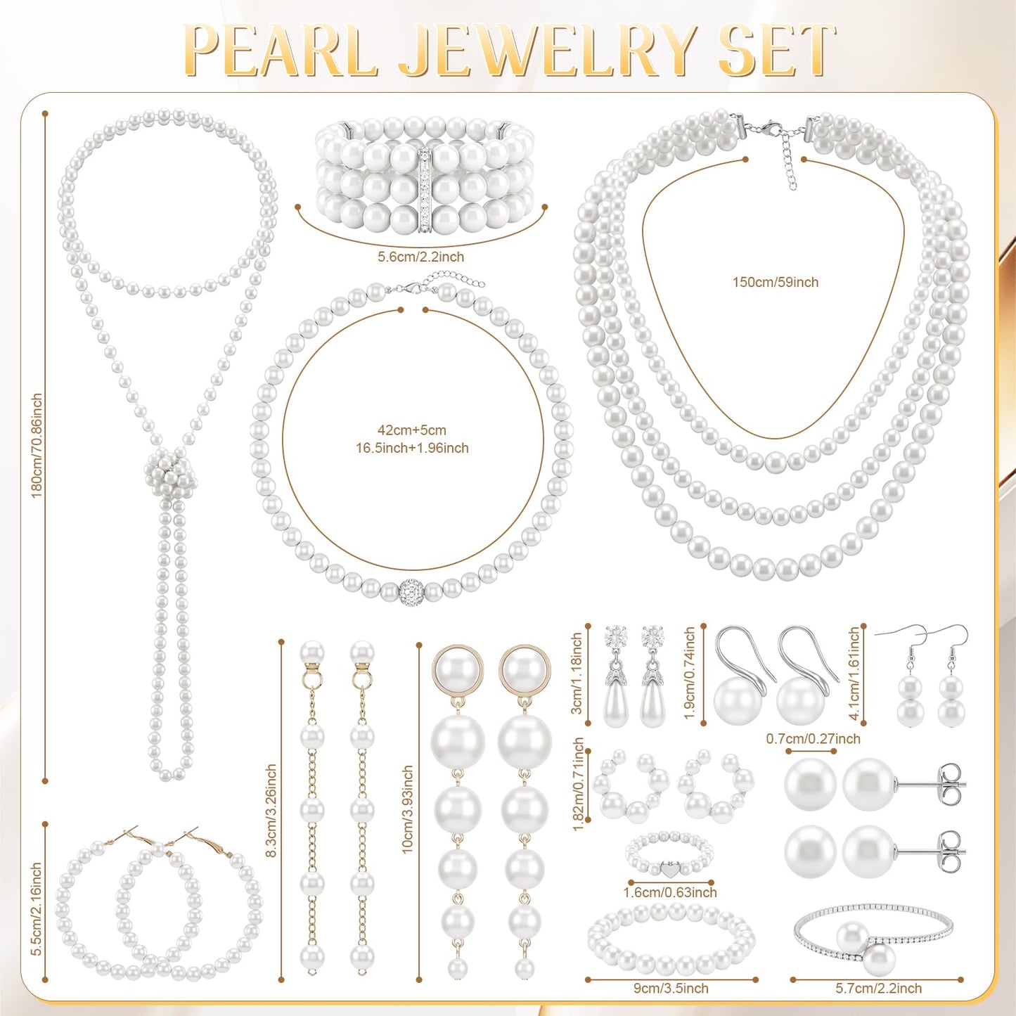 Huwena 15 Pcs Pearl Jewelry Set with Necklace, Earrings, Bracelets and Ring, Pearl Necklaces for Women, Faux Pearls Set Jewelry for Wedding Bridal Shower Christmas Tea Party
