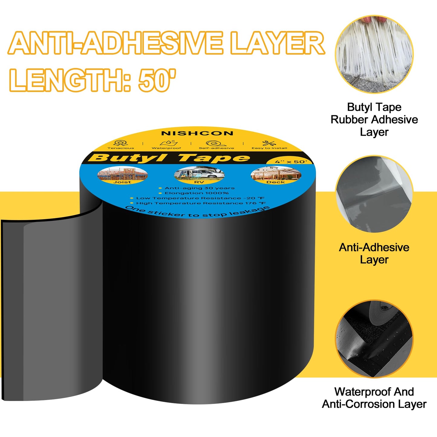 NISHCON Butyl Sealant Tape 4" x 50', Deck Joist Tape for Decking, Waterproof and Anti-Corrosion for Extend Deck Life, 2 Rolls