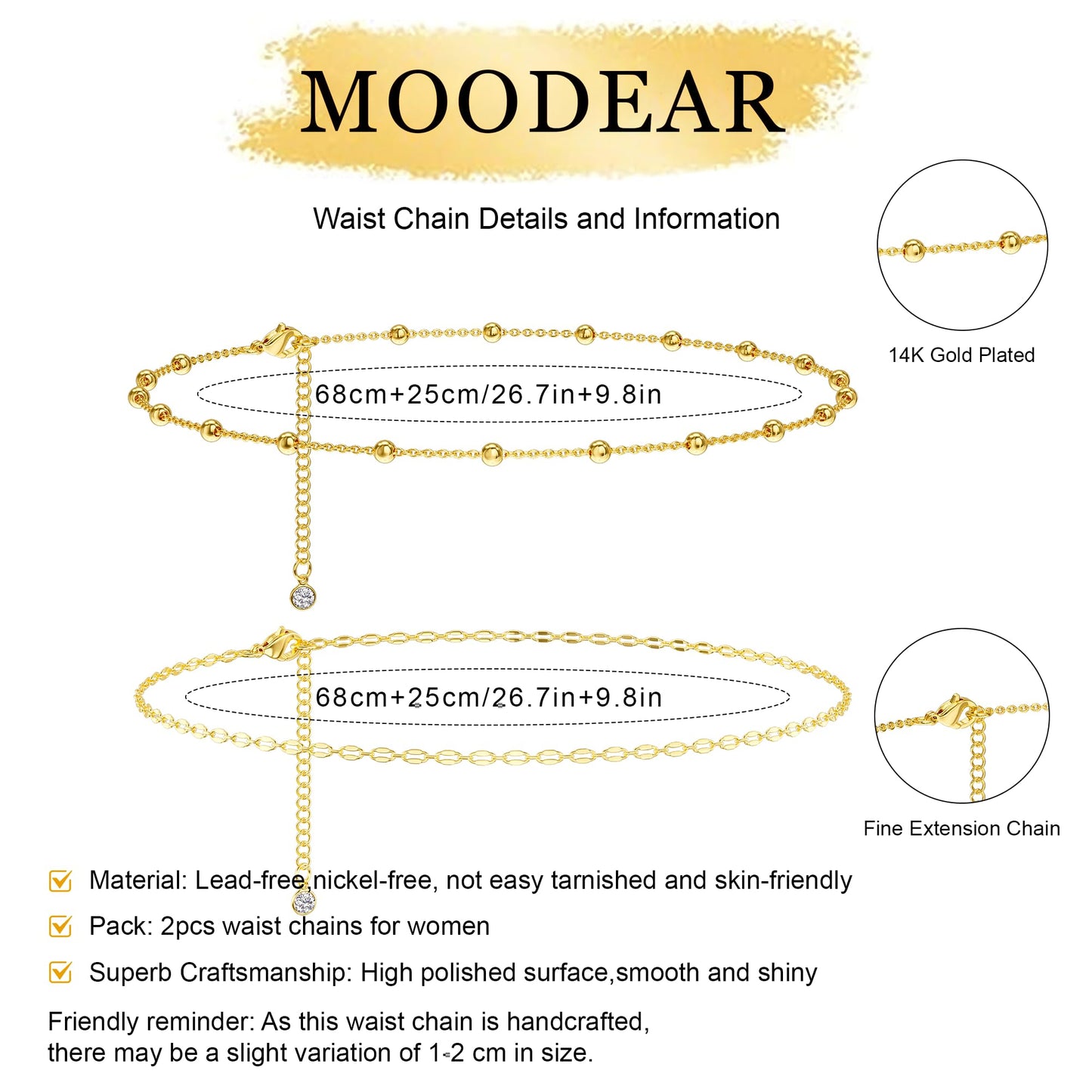 MOODEAR 14K Gold Plated Waist Chain for Women – Double 2PC Belly Bead Body Chain Belt, Spacer Beads & Lip chain Design, Waterproof Summer Beach Jewelry for Bikini, Dress & Vacation