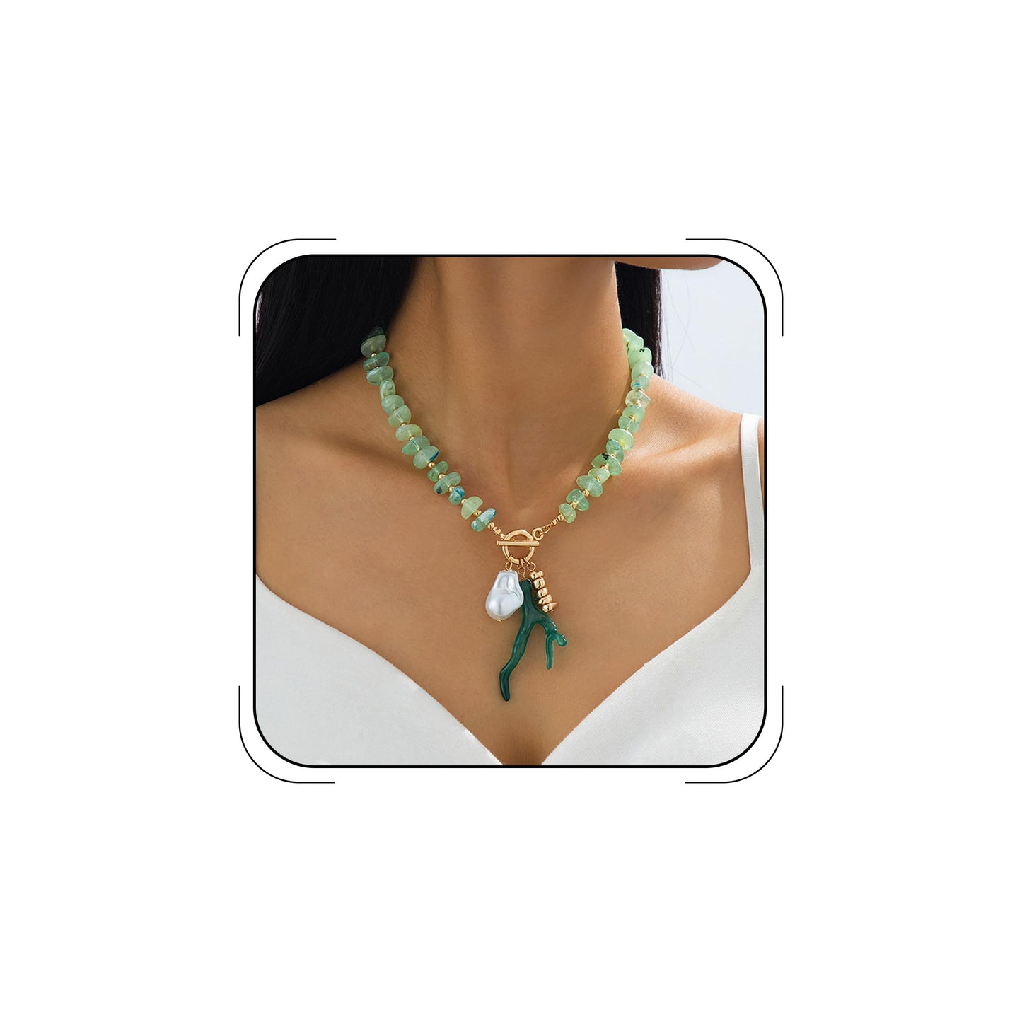 Ocean Coral Pendant Necklace for Women Green Acrylic Beaded Choker Gold OT Clasp Baroque Pearl Charm Necklace Boho Summer Beach Vacation Nautical Coastal Jewelry (Green)