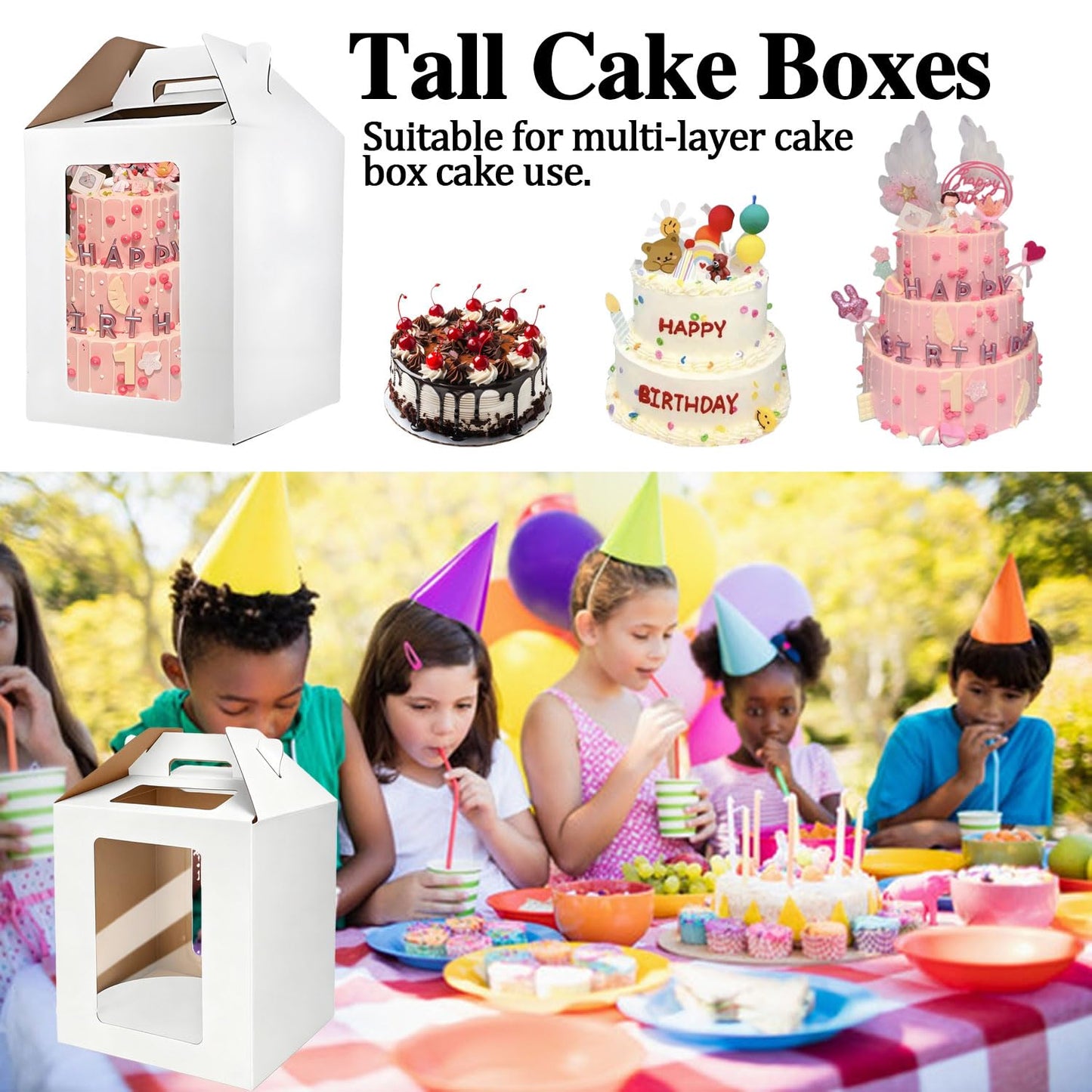 GODCDKC Cake Boxes - 2 Pack Tall Cake Box 12x12x14 Inch Disposable Layer Carrier with Window Large Tierd Cake Out Transport Containers with Handle for Wedding, Birthday, Party (White)