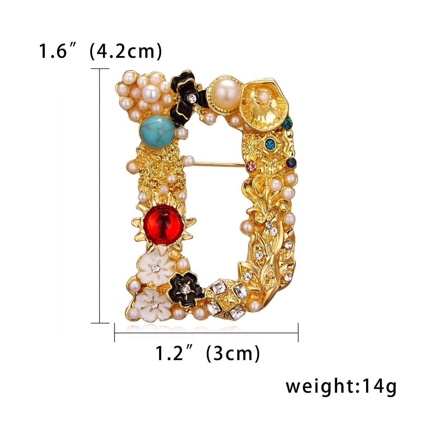 RINHOO Crystal Pearl Initial Brooch Gold Plated Enamel Colorful Letter Alphabet Breastpin Pin Jewelry for GIFTS (Letter -D)