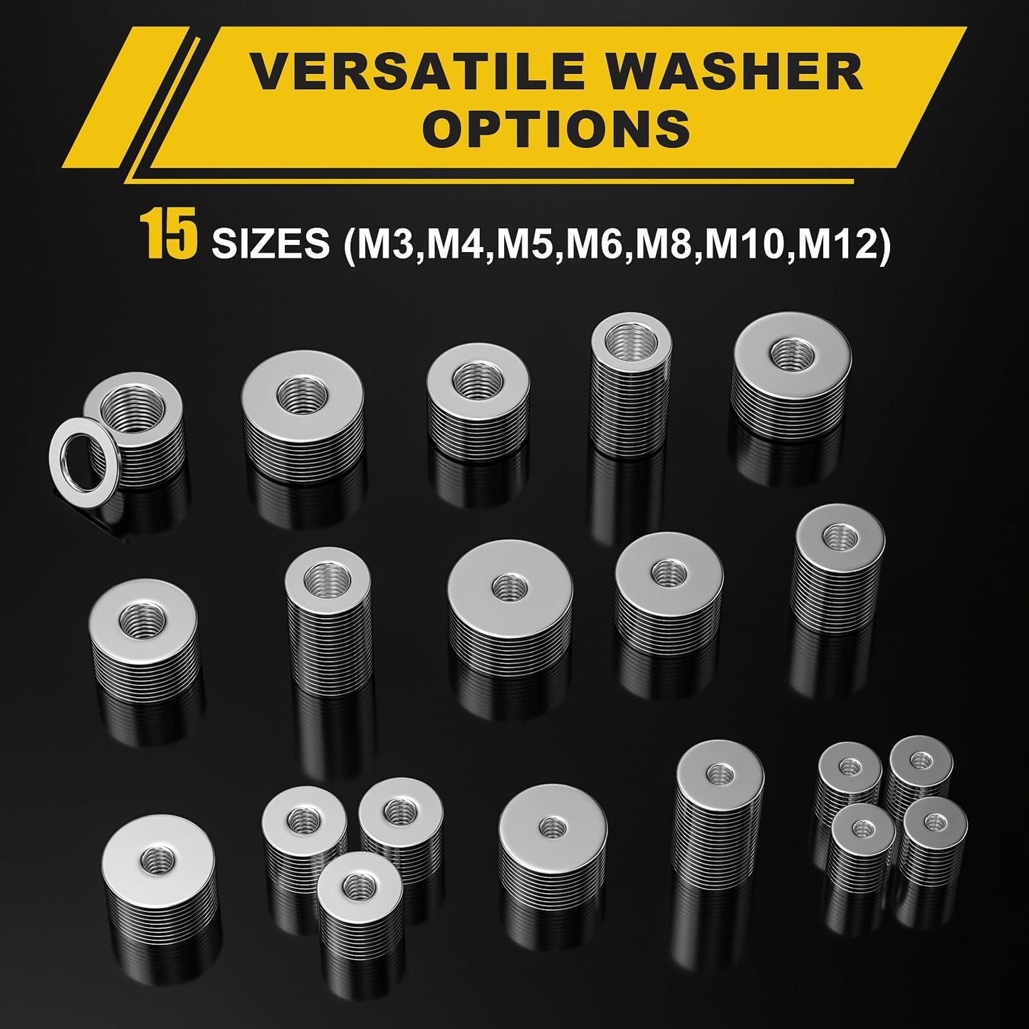 WIESVOP 235Pcs Fender Washers, 304 Stainless Steel Flat Washers Assortment Kit, 15 Different Sizes M3 M4 M5 M6 M8 M10 M12 Metal Washers for Screws Bolts Hardware for Various Home Industrial Automotive