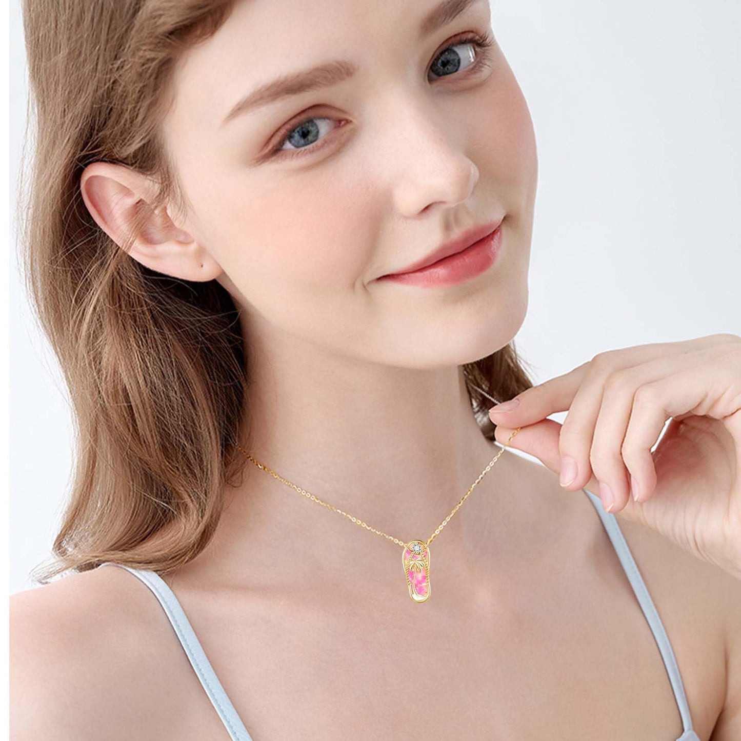 Midir&Etain Pink Opal Flip Flop Necklace 925 Sterling Silver 14K Gold Plated Palm Tree Pendant Beach Necklace Flip Flop Opal Jewelry for Women