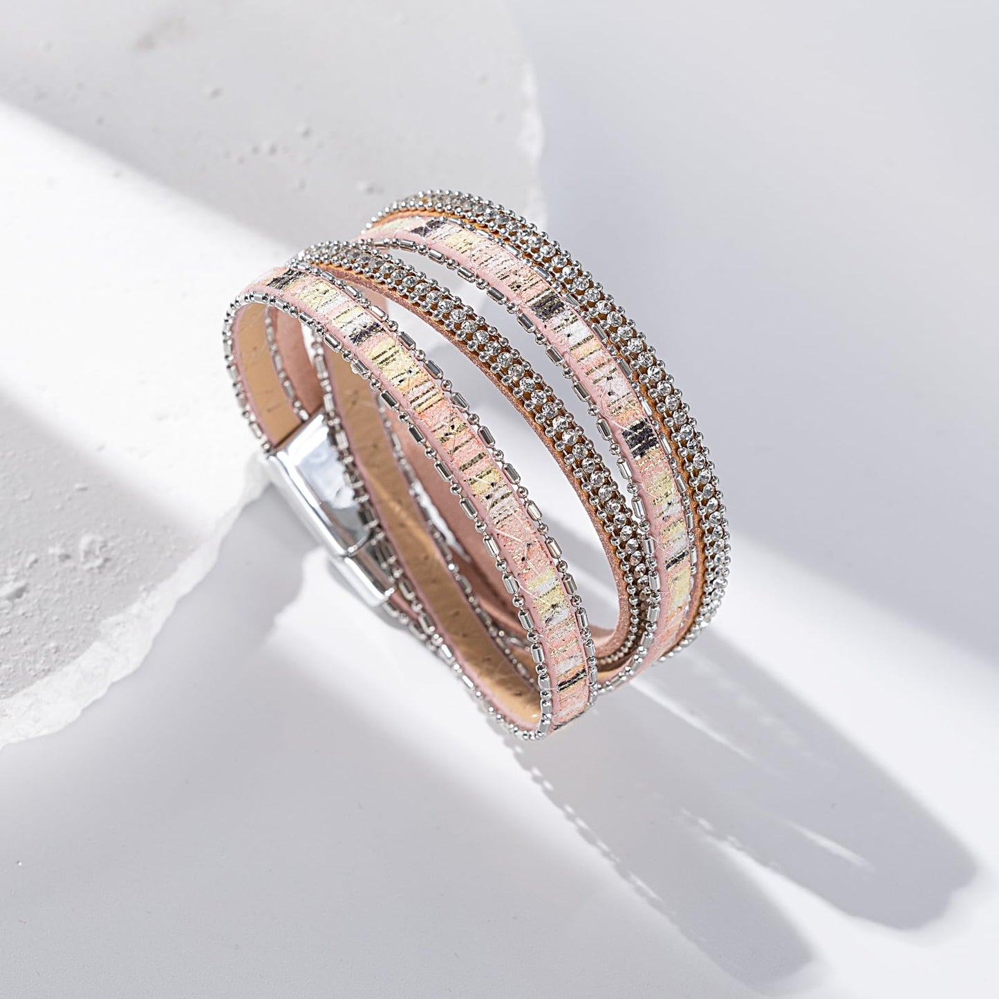 FANCY SHINY Boho Leather Wrap Bracelet Stackable Crystal Rhinestone Bangle Cuff with Magnetic Clasp Trendy Bohemian Jewelry for Women(Pink)