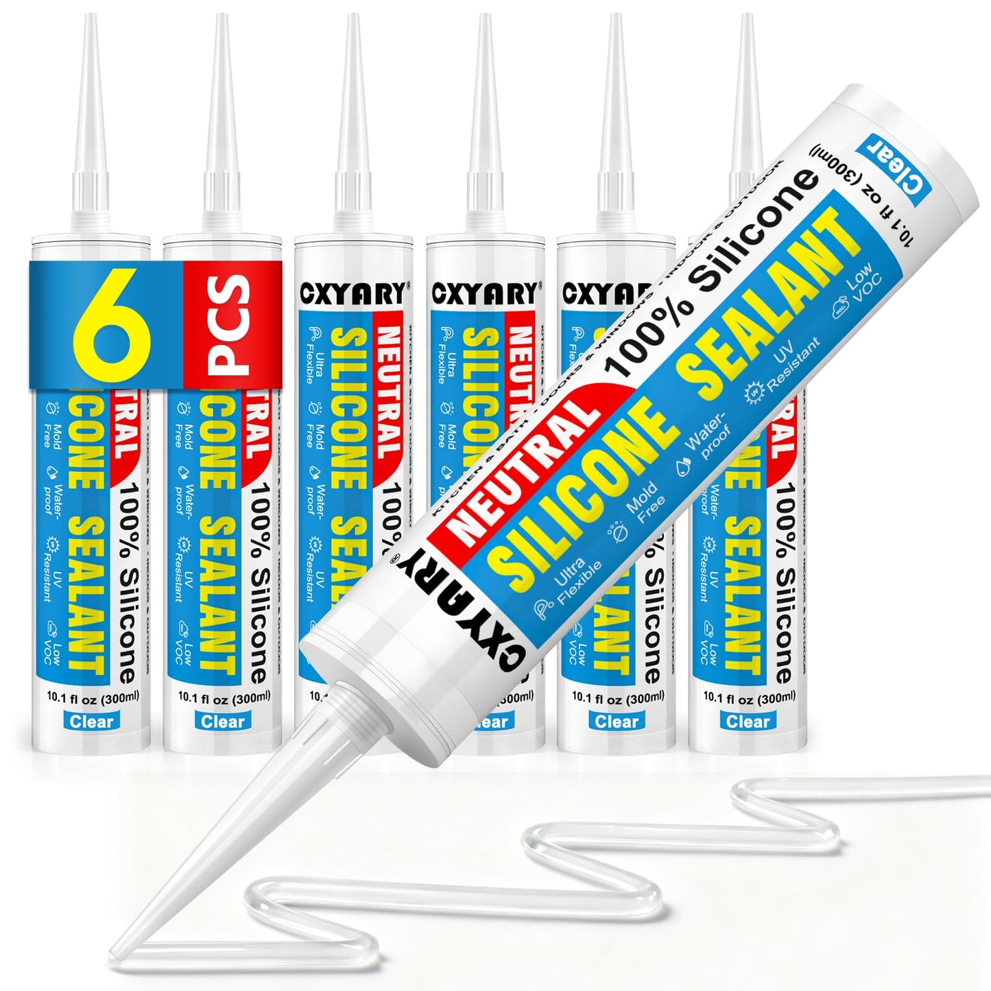 Silicone Caulk & Sealant Clear, 6 Pack - 100% Waterproof Silicone Sealant, Silicone Caulking for Kitchen and Bathroom, Toilet, Sink, Window ＆ Door Use, Shrink & Crack Proof (10.1 FL.OZ/300ml)